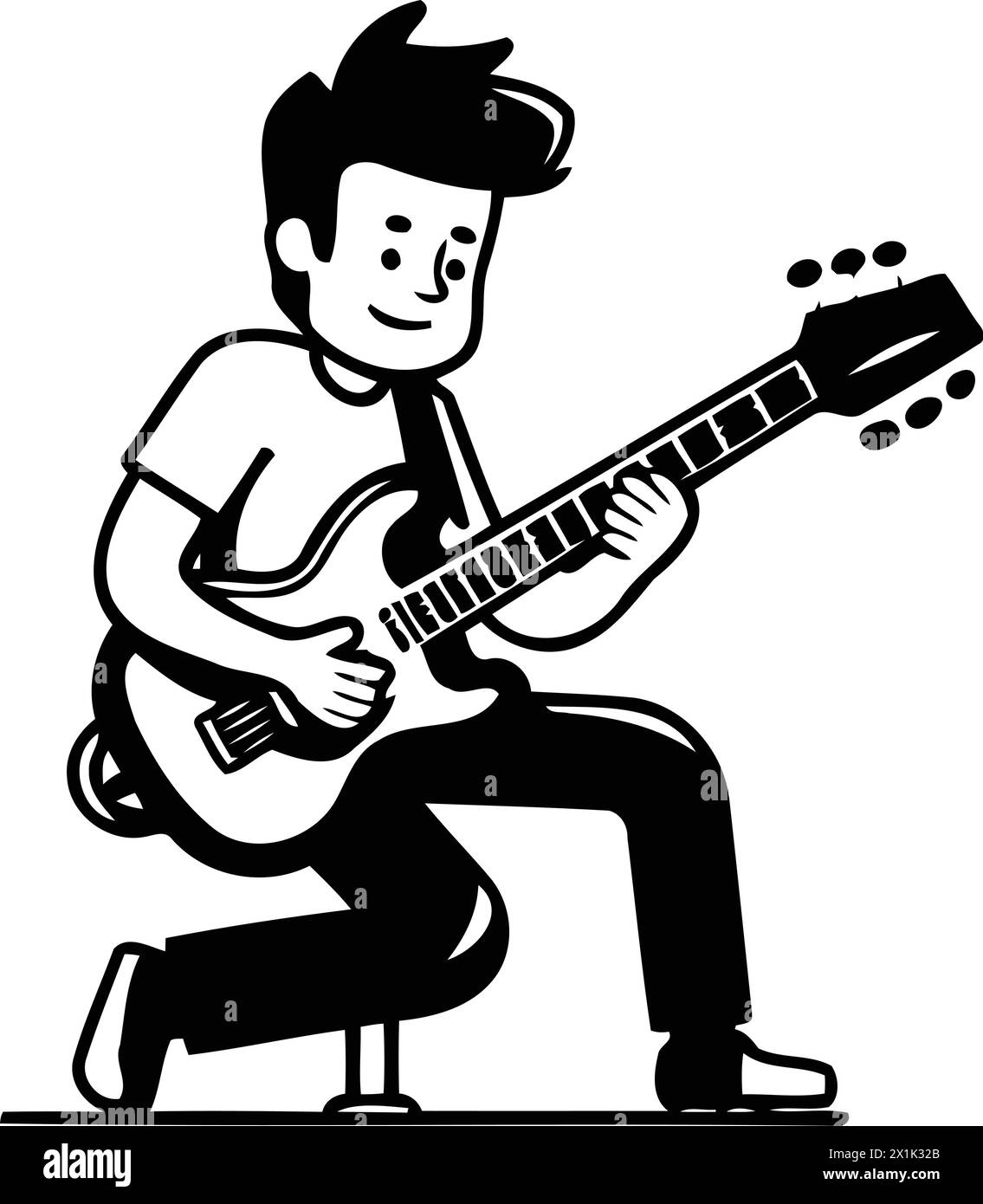 Illustrazione vettoriale dei cartoni animati del chitarrista. Design piatto dell'uomo che suona la chitarra. Illustrazione Vettoriale