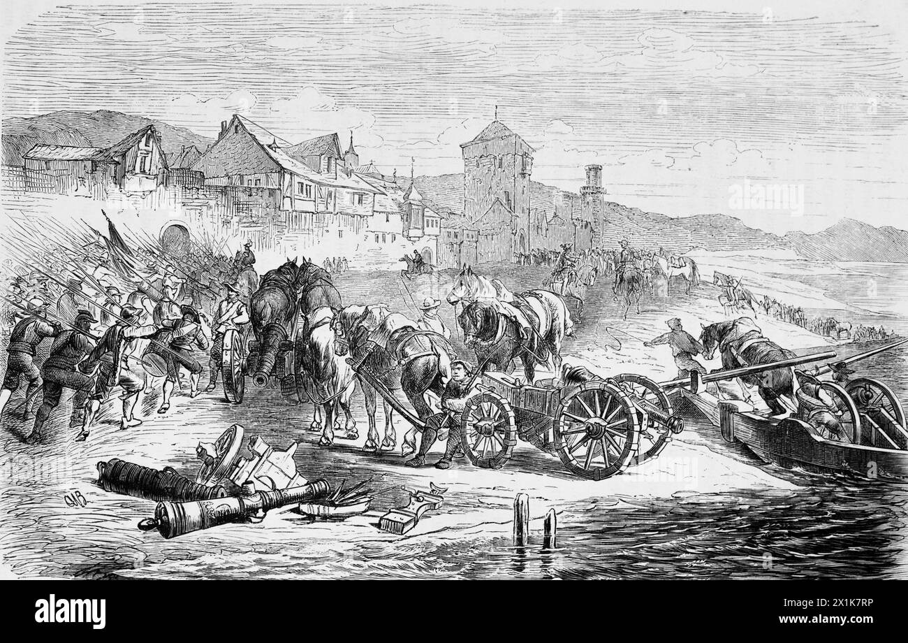 Cannoni svedesi che attraversano il fiume Reno, guerra di trent'anni, illustrazione storica 1880 Foto Stock