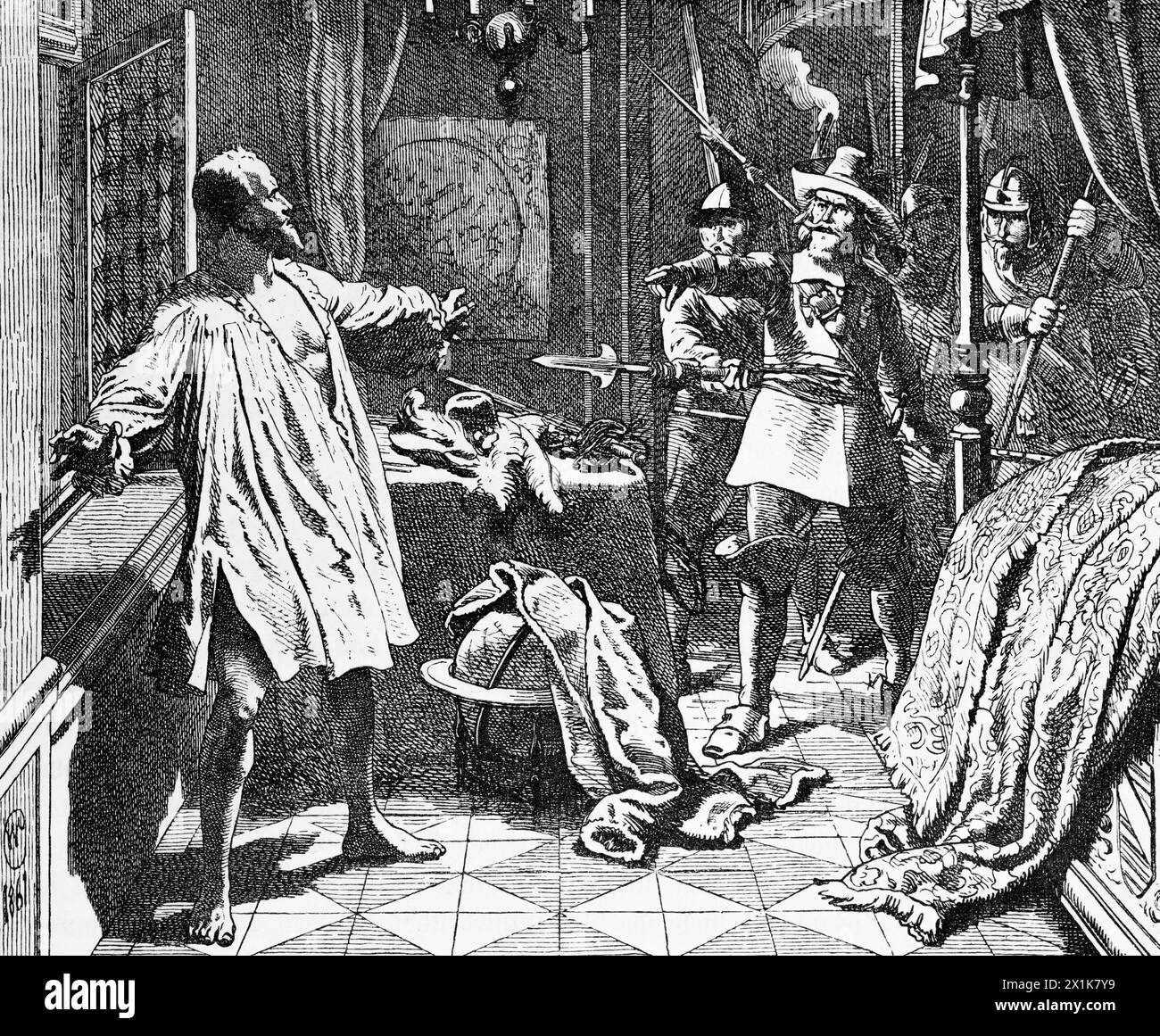 Assassinio del leader militare e statista Albrecht von Wallenstein a Cheb, in Boemia nel 1634, illustrazione storica 1880 Foto Stock