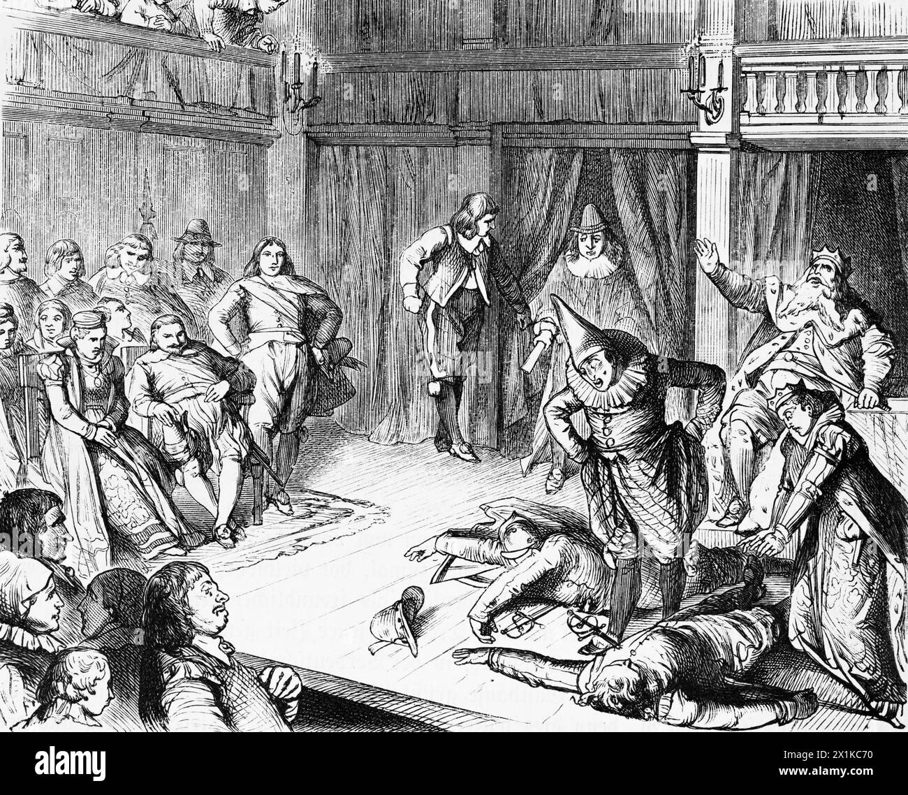Spettacolo teatrale di una commedia alla corte dell'elettore Sigismondo intorno al 1600, illustrazione storica 1880 Foto Stock