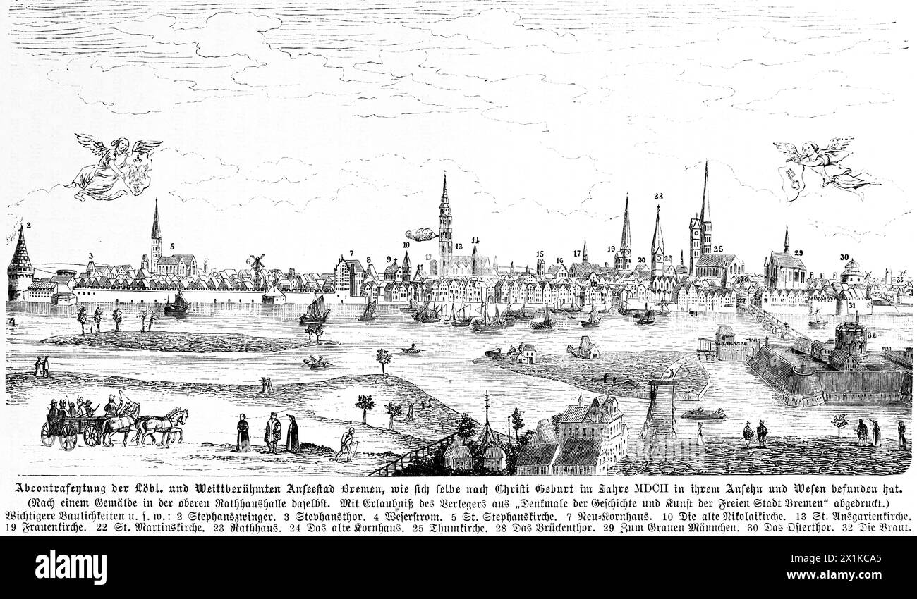 Vista della città anseatica di Brema sul fiume Weser nell'anno 1602, illustrazione storica 1880 Foto Stock
