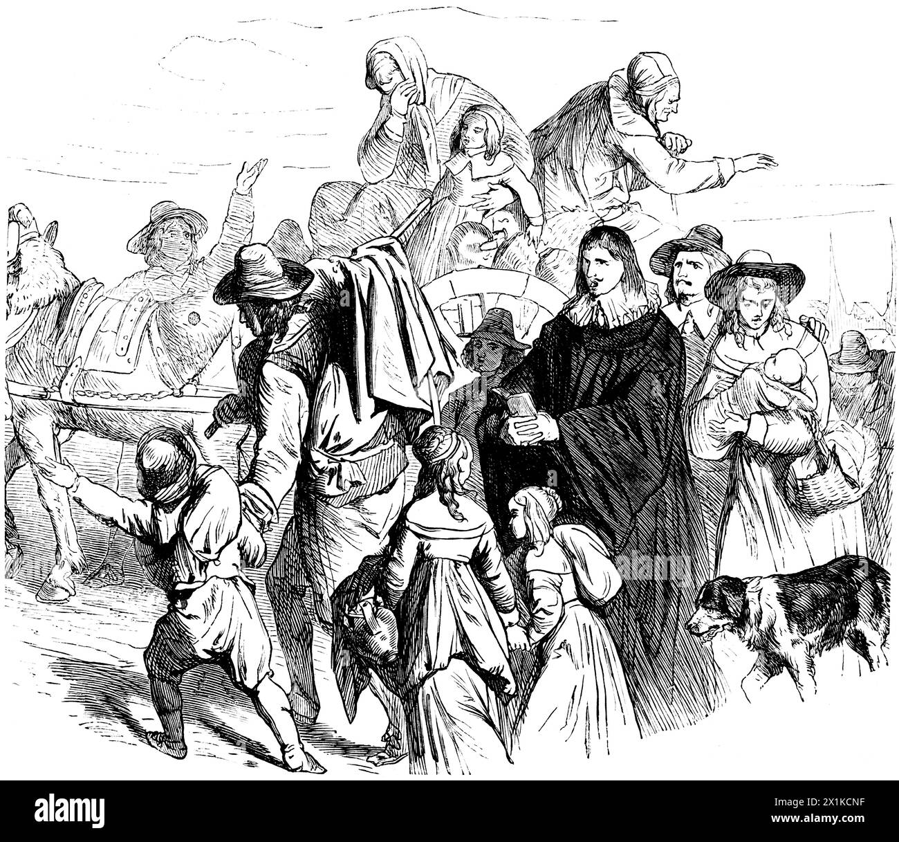 Immigrazione di Huguenota nel Brandeburgo, illustrazione storica 1880 Foto Stock