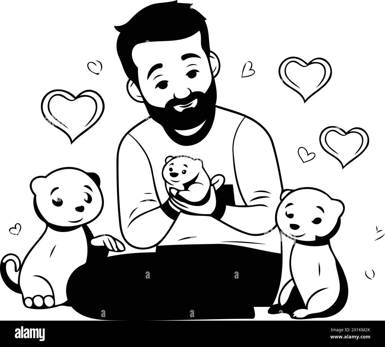 Carino illustrazione vettoriale di un uomo che gioca con i suoi piccoli cani Illustrazione Vettoriale