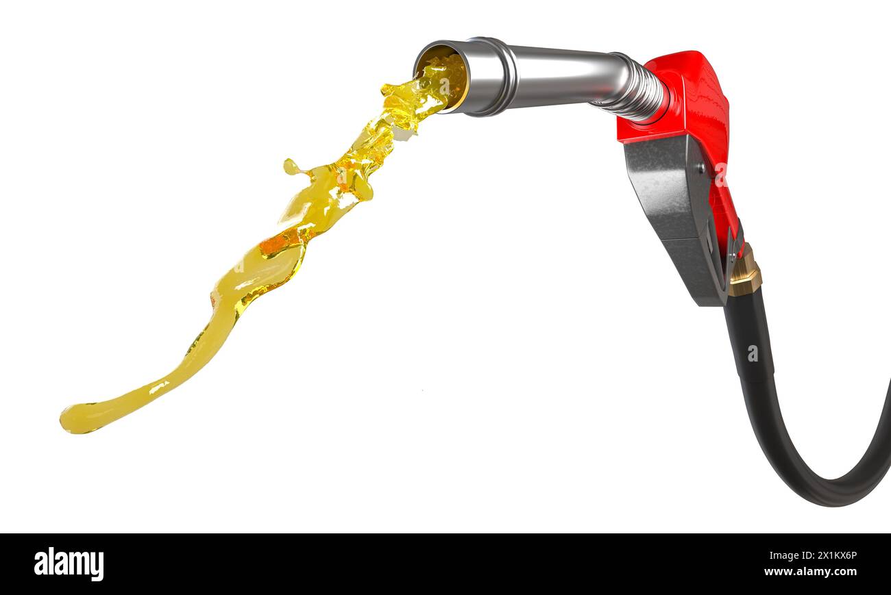 L'ugello della pompa del gas con liquido dorato che scorre rappresenta un elevato valore del carburante. rendering 3d. Foto Stock