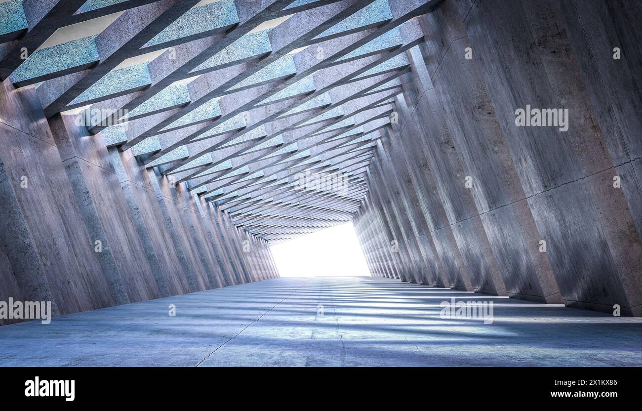 Vista astratta di un ampio tunnel architettonico con lucernario geometrico che conduce alla luce. rendering 3d. Foto Stock