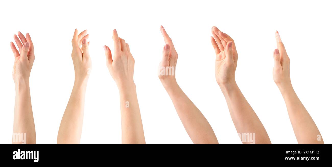 Set di mani femminili. Primo piano di bellissime dita femminili che puntano o toccano qualcosa isolato su sfondo bianco con percorso di ritaglio. Bellezza c Foto Stock