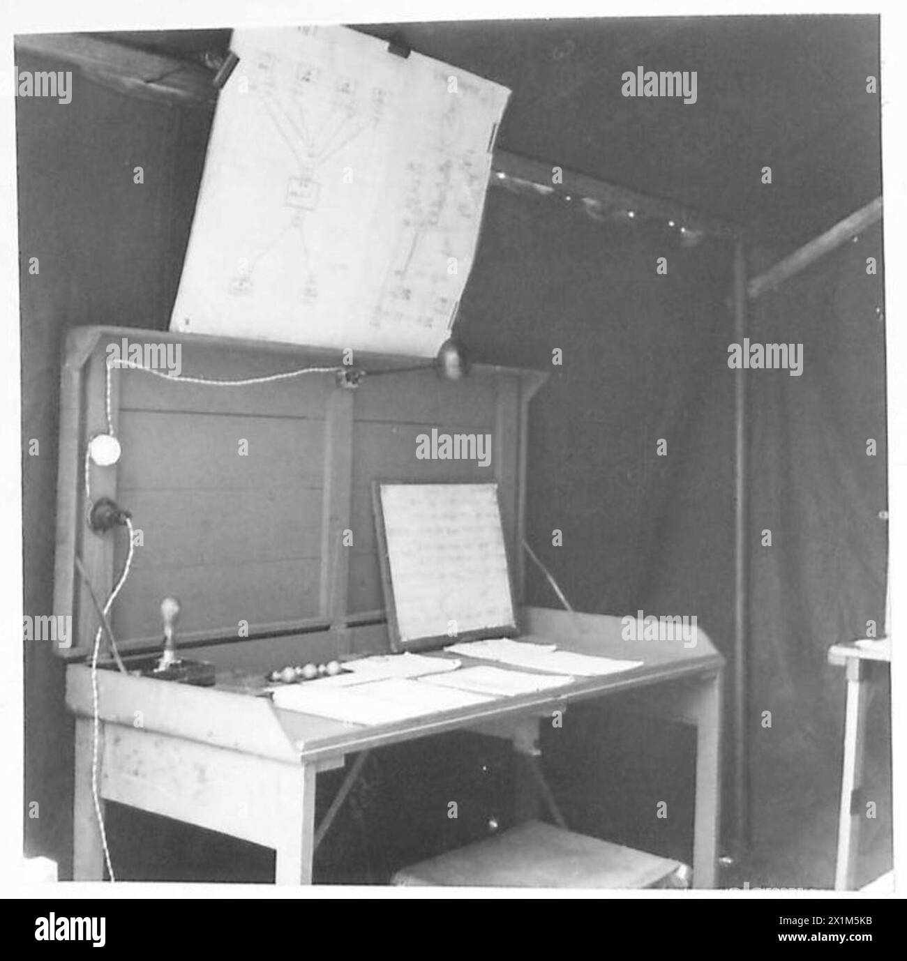 La scrivania dell'impiegato e' allestita in un rifugio per uffici di segnalazione mobile, British Army. Foto Stock