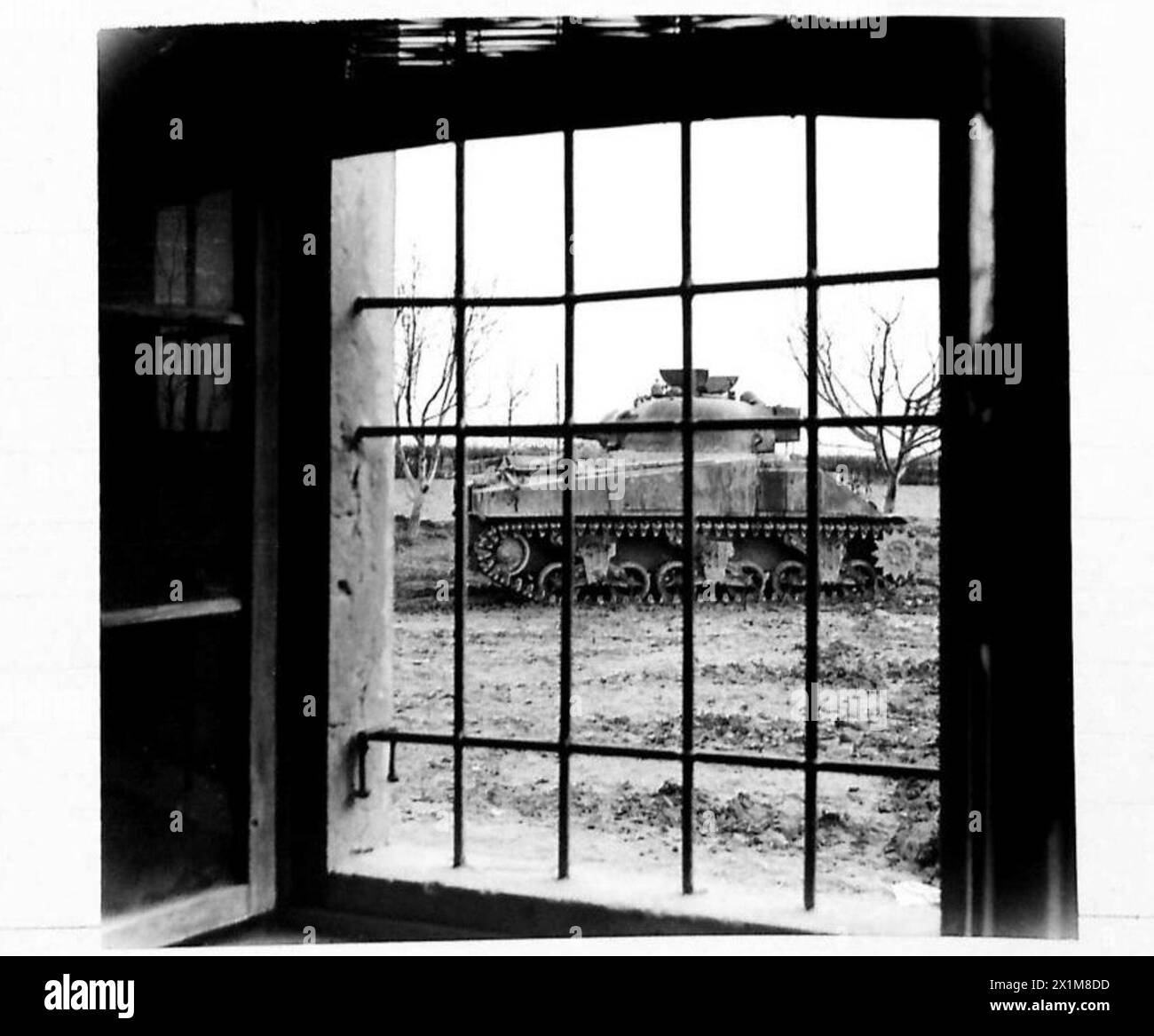 I carri Sherman della sezione Recce del North Irish Horse sparano attraverso il fiume Senio in edifici nemici sulla riva lontana, l'Ottava Armata, British Army. Foto Stock