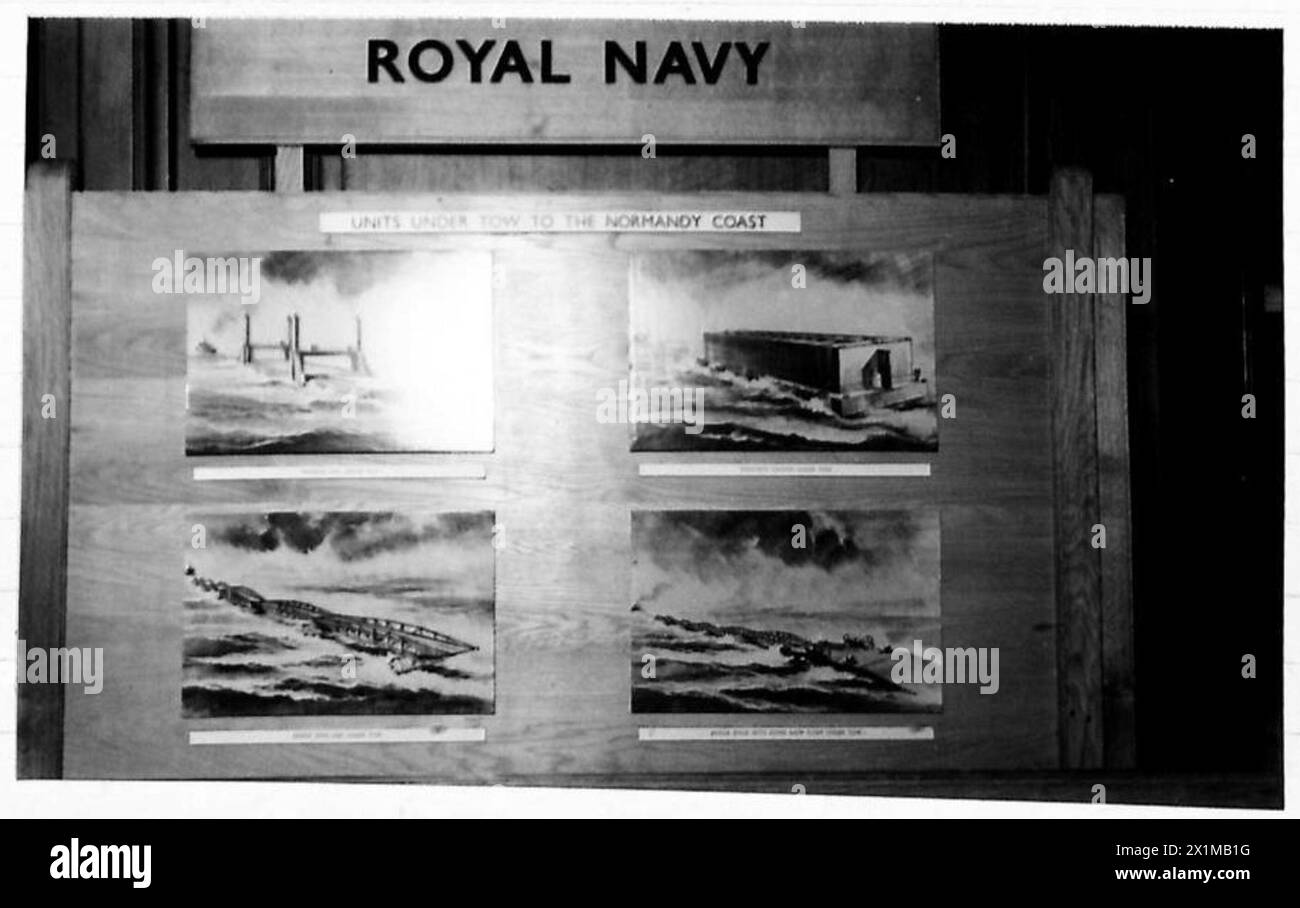 Le fotografie documentano la mostra Mulberry presso l'Institute of Civil Engineers di Londra, che mostra le innovazioni ingegneristiche e logistiche dell'esercito britannico. Foto Stock