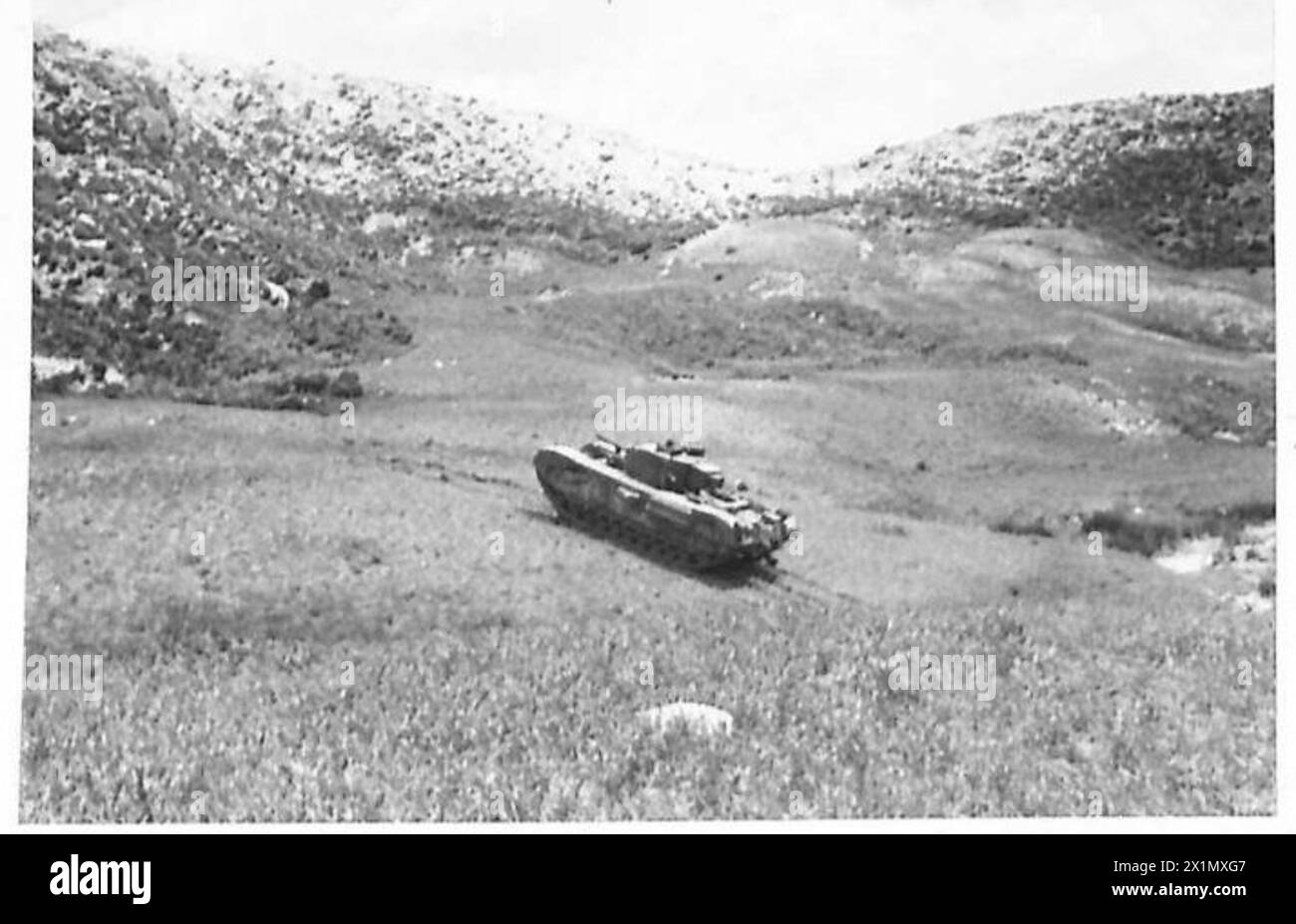 Un carro armato della First Army inizia la sua ascesa su terreni collinari, dimostrando movimento e capacità operative nelle esercitazioni dell'esercito britannico. Foto Stock