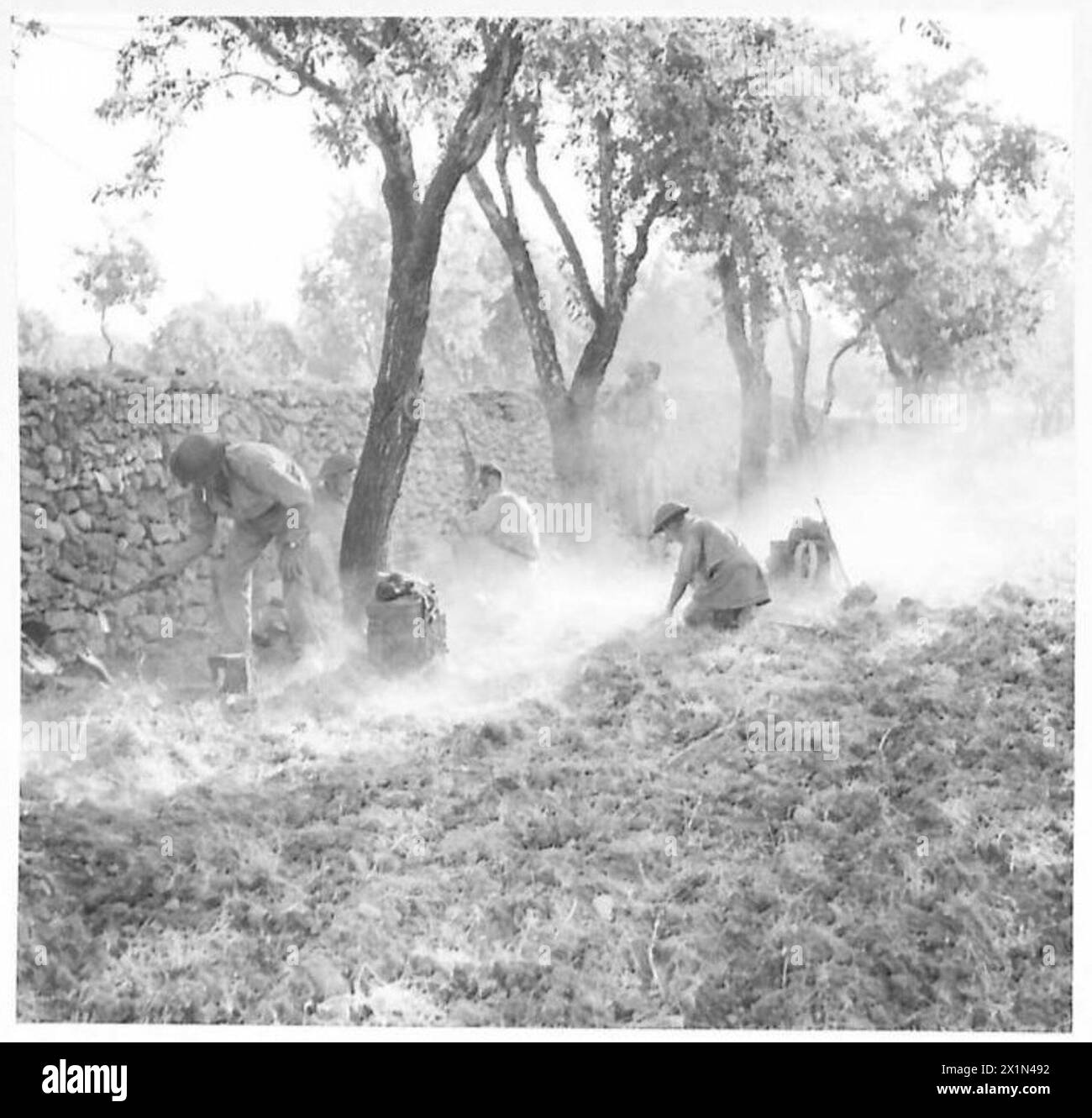 I soldati del IX Battaglione, Durham Light Infantry, scavarono e prepararono le posizioni dopo aver stabilito il loro quartier generale durante l'invasione della Sicilia, British Army. Foto Stock