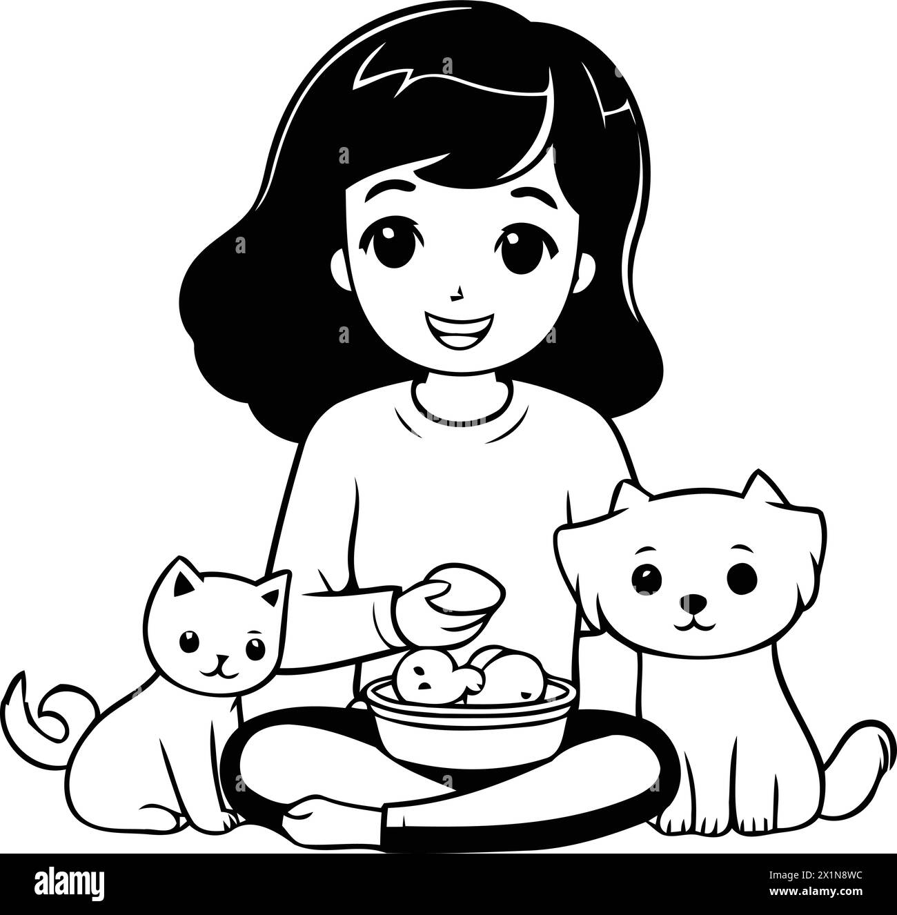 Ragazza carina che gioca con i cani. Illustrazione vettoriale in stile cartone animato. Illustrazione Vettoriale