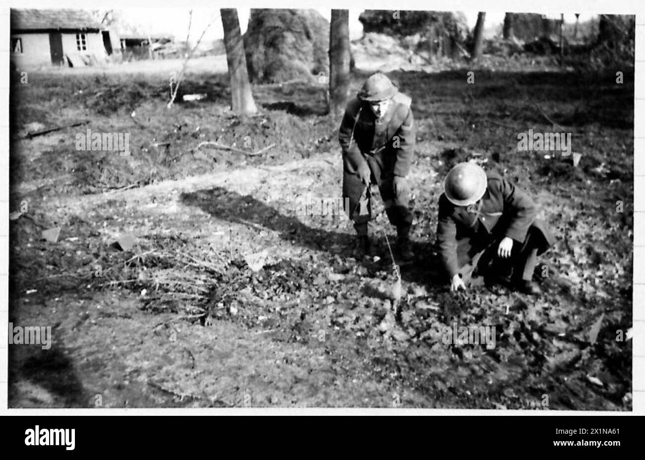 MINE CLEARING (MEIJEL) - sei mine Teller sono state appena scoperte su un punto e sono contrassegnate dal triangolo rosso. CPL Everett (in piedi) e SPR Burt di 279 FD Coy. RE, British Army, 21st Army Group Foto Stock