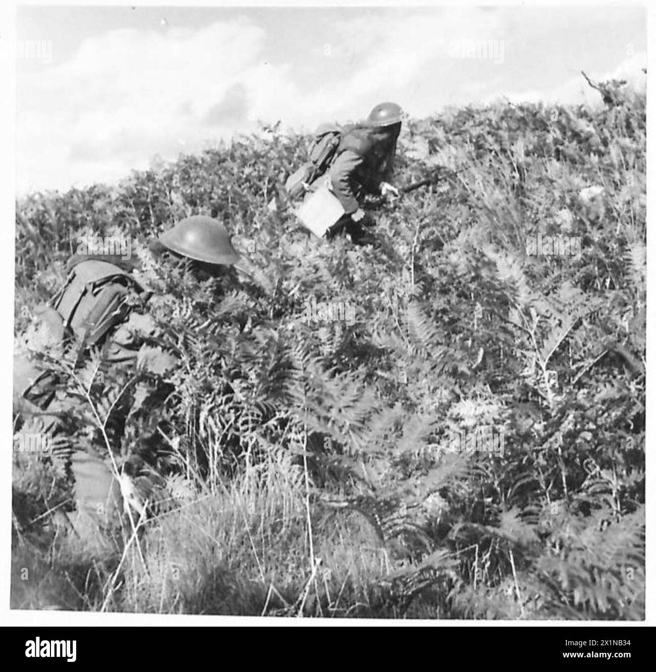 Il personale di una sezione di intelligence del battaglione sta selezionando un luogo adatto per un posto di osservazione durante le operazioni sul campo. Foto Stock
