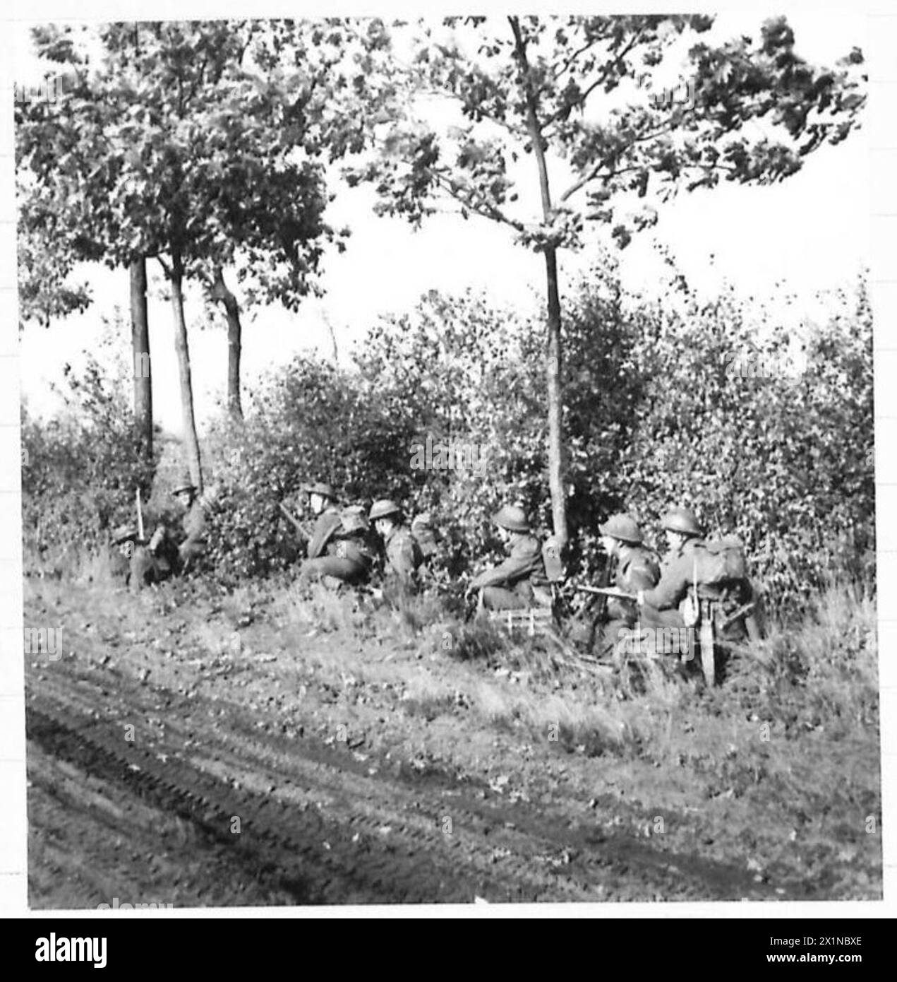 I soldati della Queen's Infantry del 1/5 si nascondono in un fossato mentre attendono l'ordine di avanzare nell'attacco all'Amleto di Laar, parte delle operazioni dell'esercito britannico sotto il 21st Army Group. Foto Stock