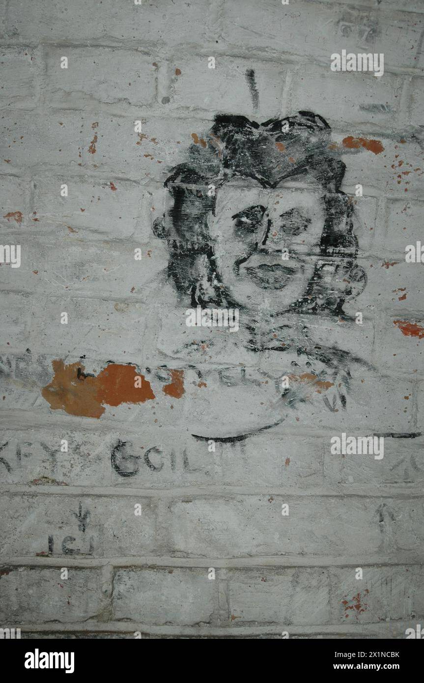 Un disegno di una donna sorridente sulla parete sinistra del bagno di Fort XI a Stalag XXA a Toruń, Polonia, con la didascalia "Topolino", creata da un prigioniero britannico durante la seconda guerra mondiale Foto Stock Un disegno di una donna sorridente sulla parete sinistra del bagno di Fort XI a Stalag XXA a Toruń, Polonia, con la didascalia "Topolino", creata da un prigioniero britannico durante la seconda guerra mondiale Foto Stock