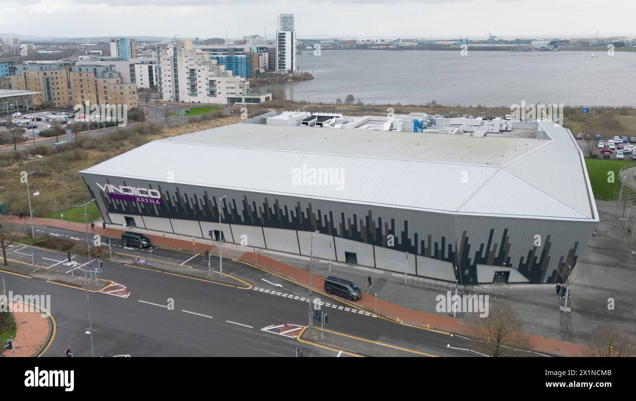 11 febbraio 2024, Cardiff. Veduta aerea della Vindico Arena, parte dell'International Sports Village nella baia di Cardiff, Galles. Credito: Colin Edwards Foto Stock