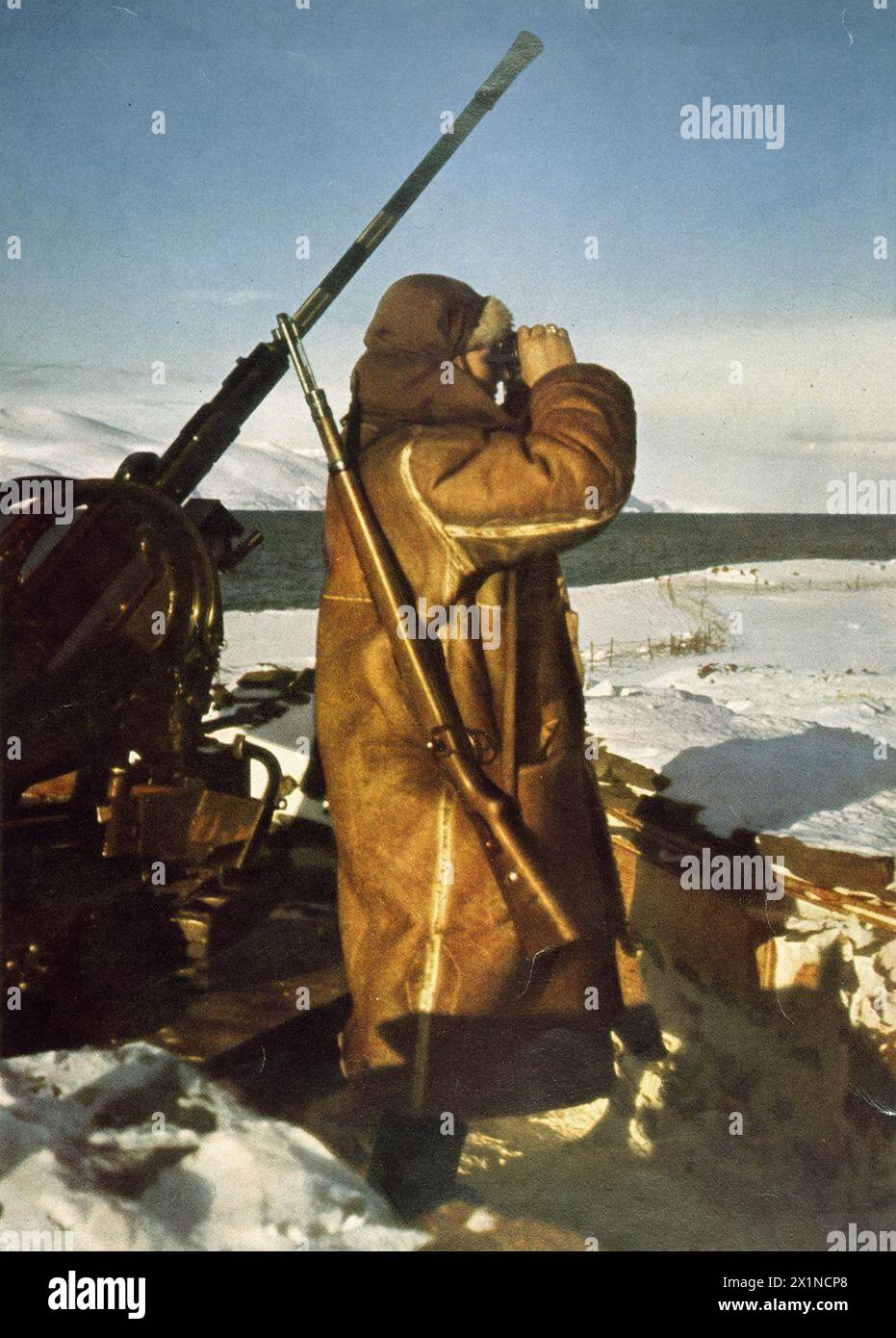 FOTOGRAFIE UFFICIALI A COLORI TEDESCHE DELLA SERIE 'DAS HEER IM GROSSDEUTSCHEN FREIHEITSKAMPF' [L'ESERCITO NELLA GRANDE LOTTA DELLA GERMANIA PER LA LIBERAZIONE], C. 1941 - 1942 - la sentinella di un'unità costiera Flak tiene d'occhio vicino a una posizione di cannone antiaereo Flak 38 da 2 cm in Norvegia, Foto Stock