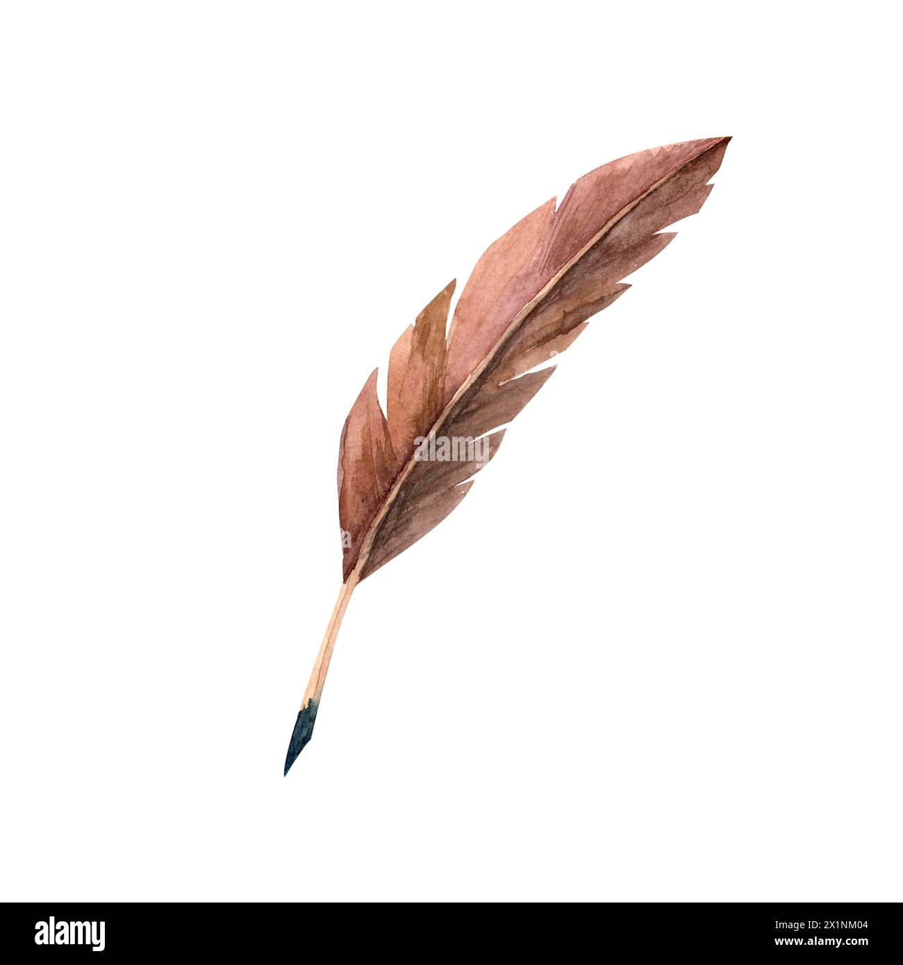 Una penna antica per scrivere con inchiostro. Illustrazione vintage ad acquerello dipinta a mano in tonalità calde isolata su sfondo bianco per scrapbooking, bastone Foto Stock