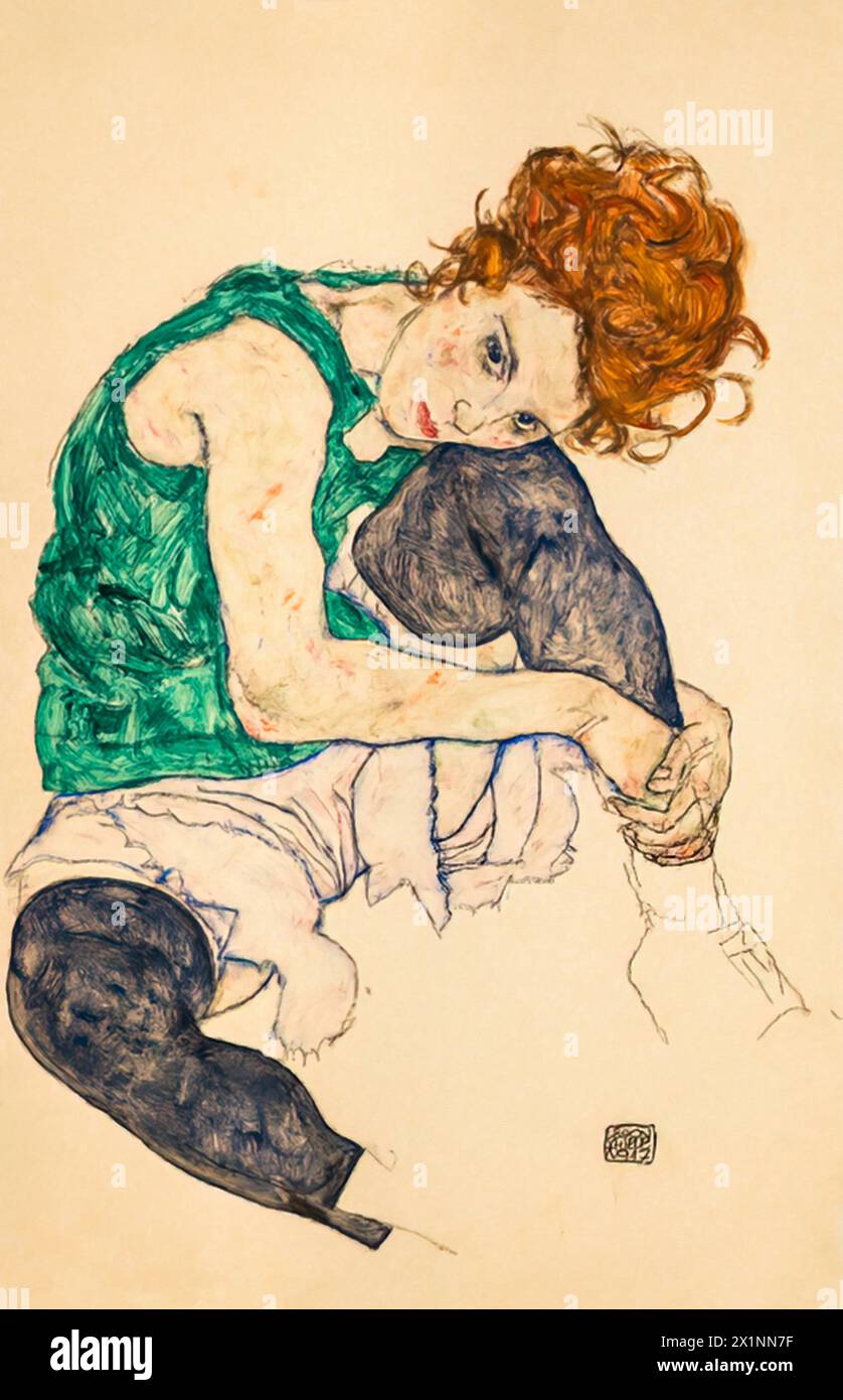 Donna seduta con ginocchia piegate, 1917 (Pittura) artista Schiele, Egon (1890-1918) austriaco. Illustrazione Vettoriale