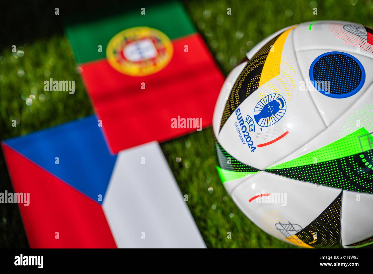 MONACO DI BAVIERA, GERMANIA, 17 APRILE 2024: Portogallo contro Repubblica Ceca, partita di calcio Euro 2024 del gruppo F allo Stadio di Lipsia, 18 giugno 2024, palla ufficiale Foto Stock
