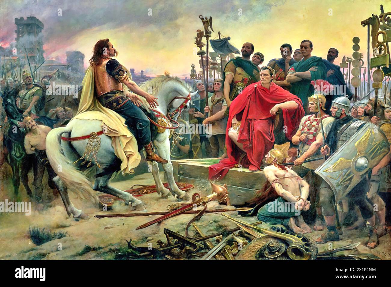 Vercingetorix lancia le sue armi ai piedi di Giulio Cesare, 1899 (pittura) dell'artista Royer, Lionel Noel (1852-1926) francese. Illustrazione Vettoriale