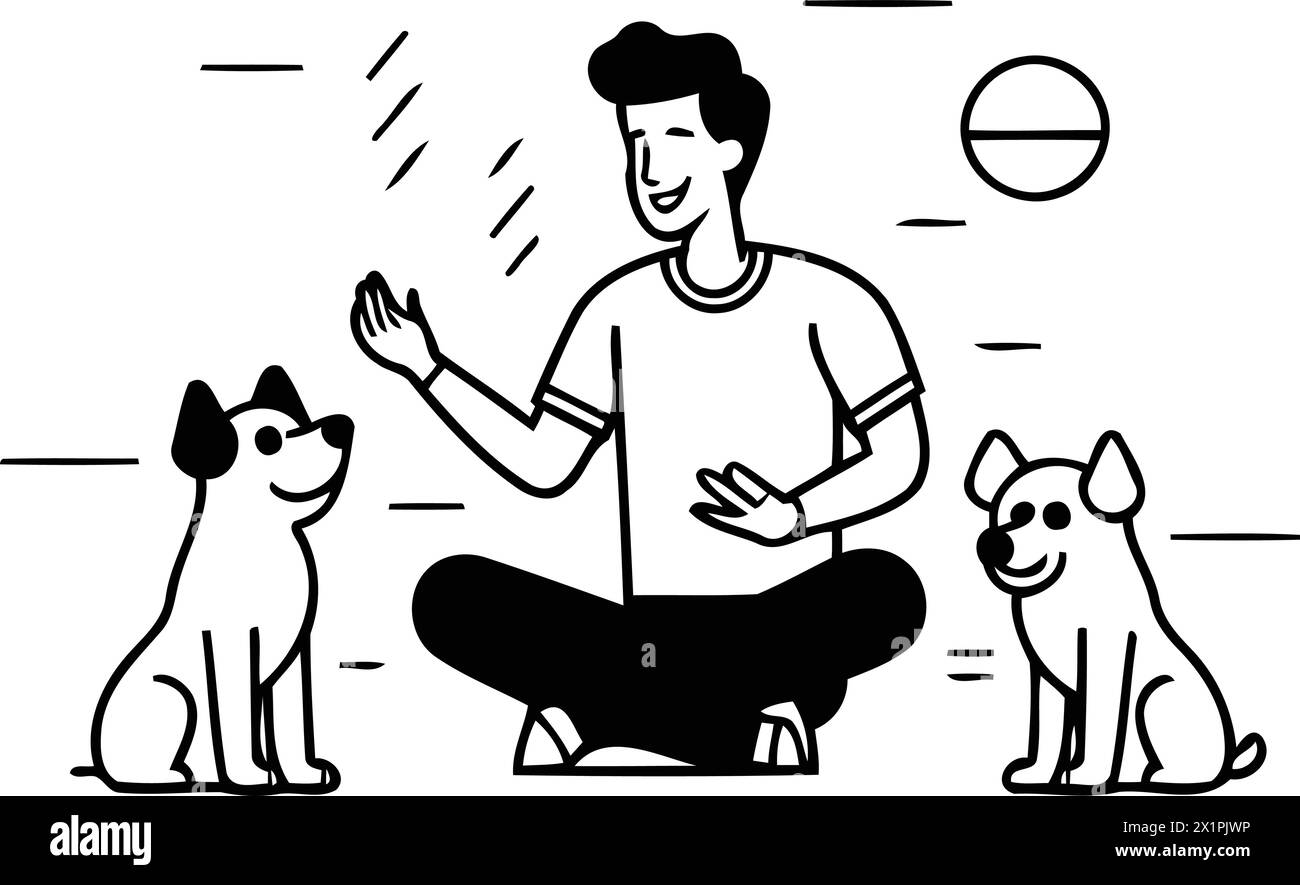 Illustrazione vettoriale di un uomo seduto sul pavimento e che gioca con i suoi cani. Illustrazione Vettoriale