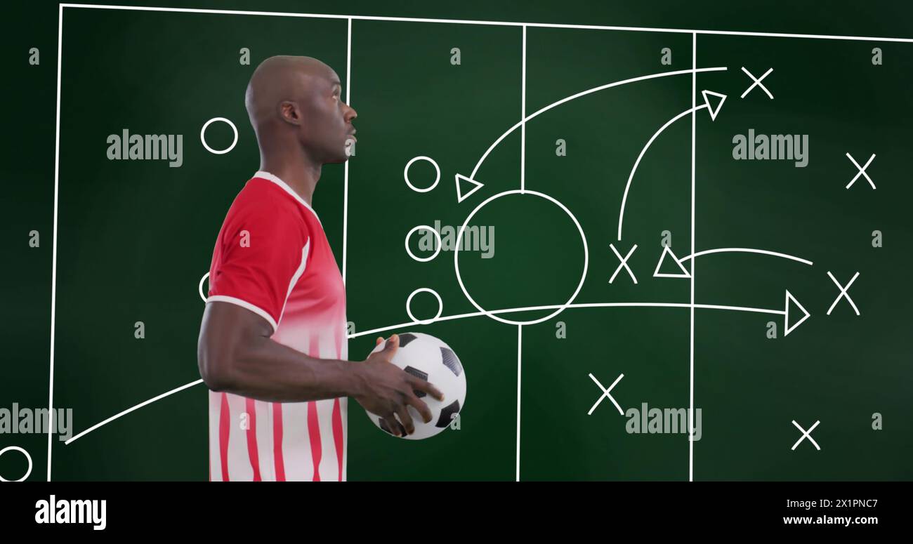 L'uomo che tiene la palla da calcio si trova di fronte al tabellone strategico Foto Stock