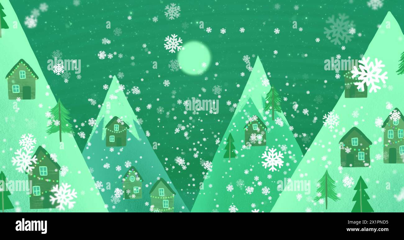 I fiocchi di neve cadono su piccole case annidate tra montagne verdi stilizzate Foto Stock