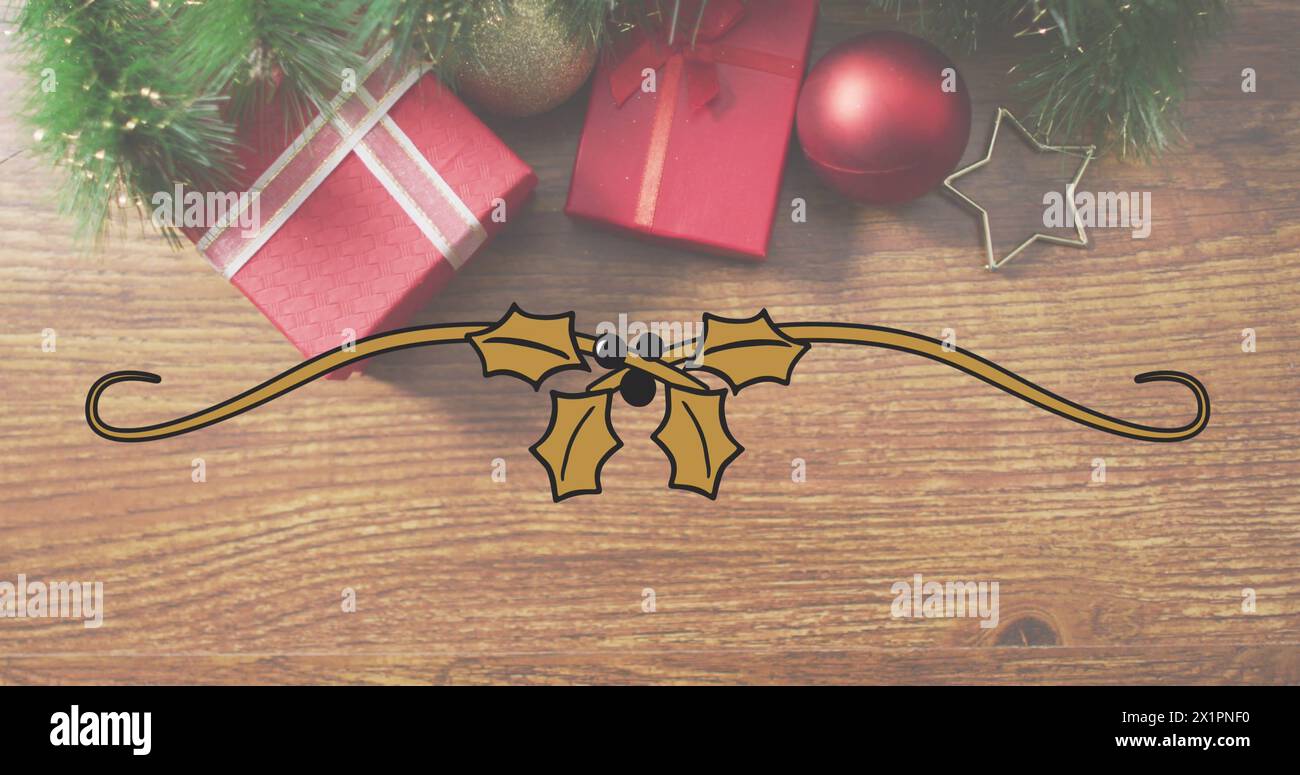 Regali appoggiati su una superficie in legno, decorazioni holly sul davanti, atmosfera festosa evidente Foto Stock