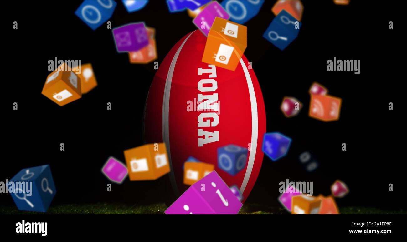 I blocchi di icone dei social media volano intorno alla grande pallina da rugby rossa segnata da TONGA Foto Stock