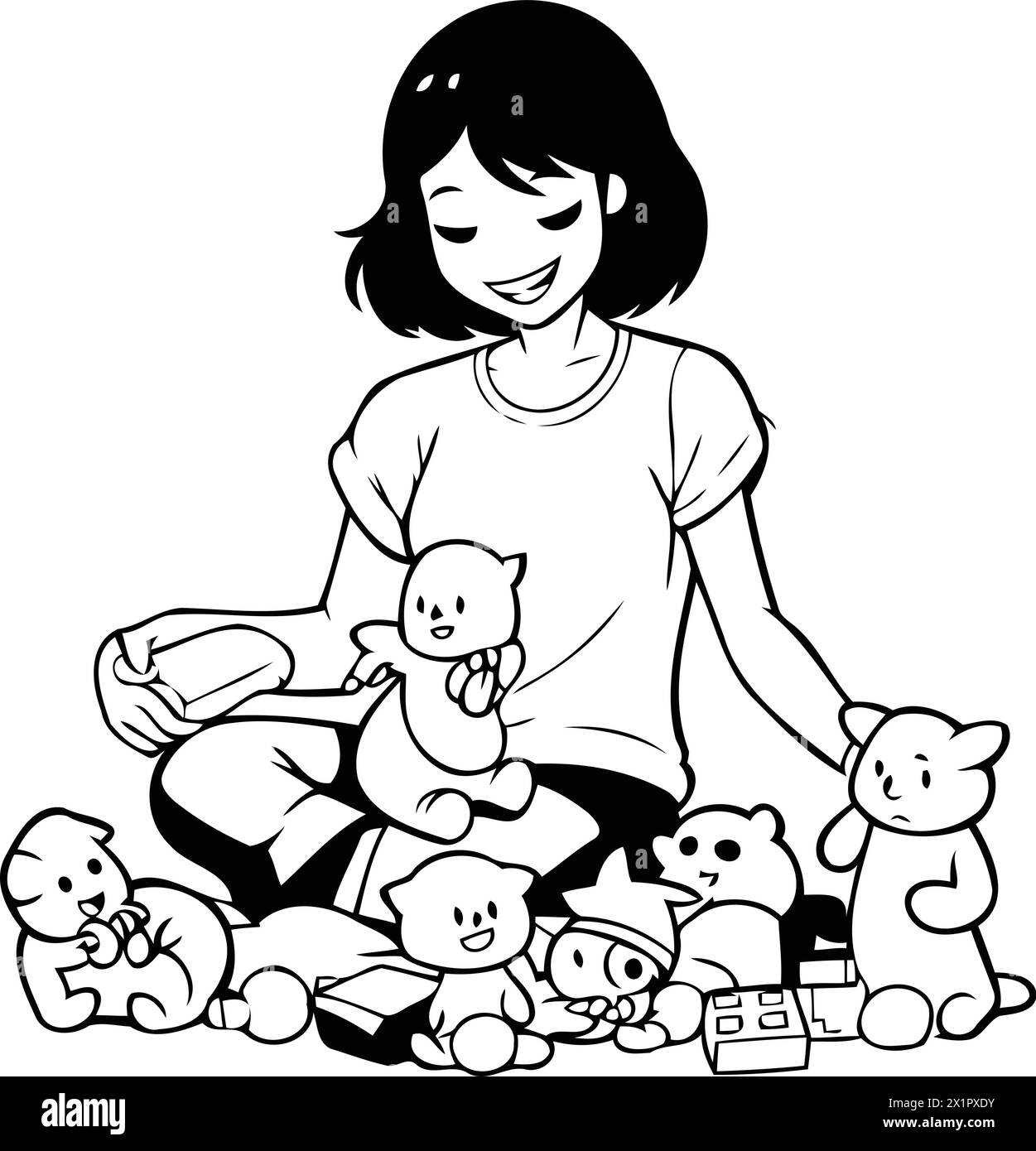 Ragazza che gioca con i cani. Illustrazione vettoriale di una ragazza che gioca con animali domestici. Illustrazione Vettoriale