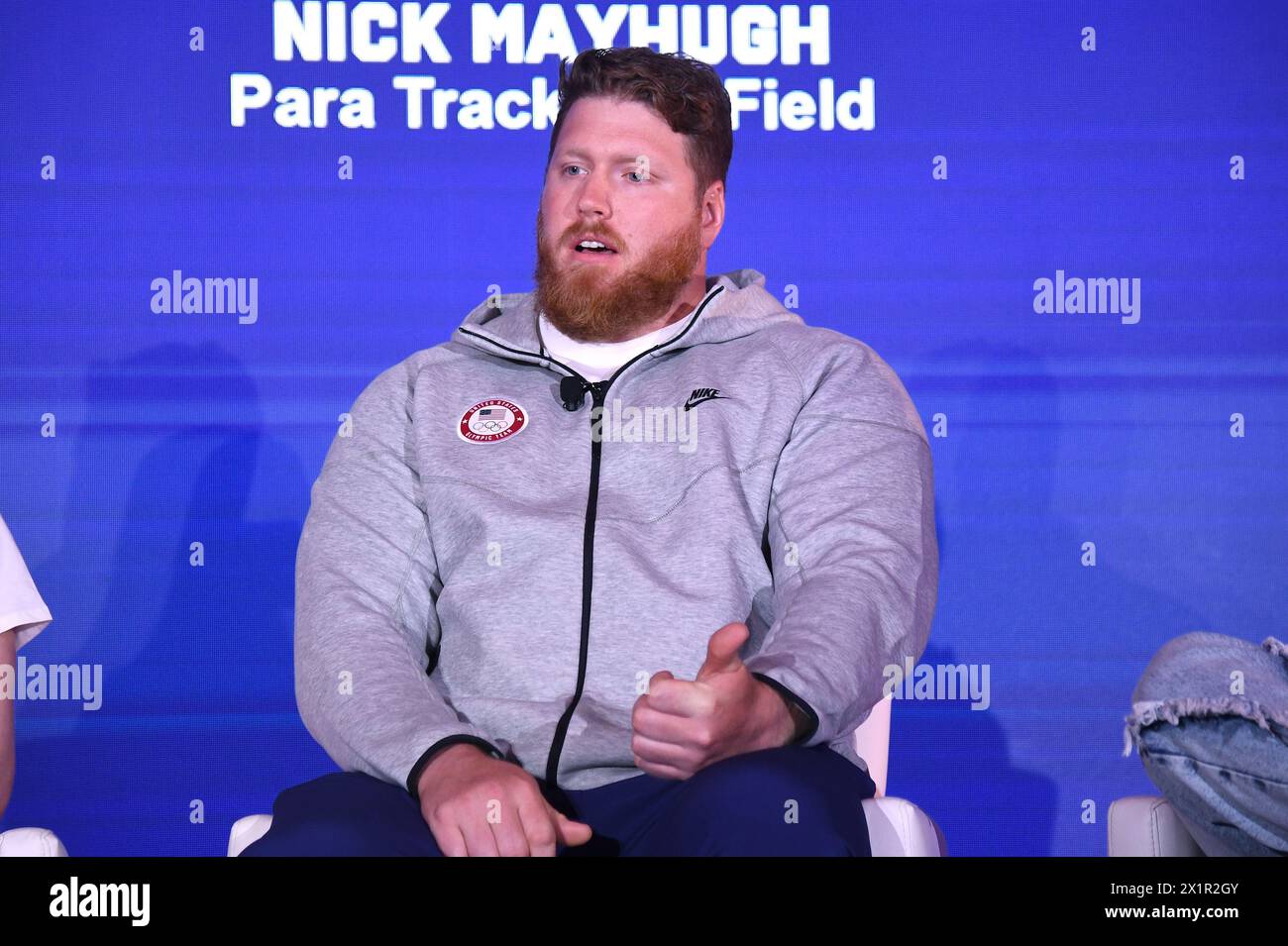 New York, Stati Uniti. 17 aprile 2024. Ryan Crouser, atleta di atletica leggera, partecipa a un panel al Team USA Media Summit al Marriott Marquis Hotel, New York, New York, 17 aprile 2024. (Foto di Anthony Behar/Sipa USA) credito: SIPA USA/Alamy Live News Foto Stock