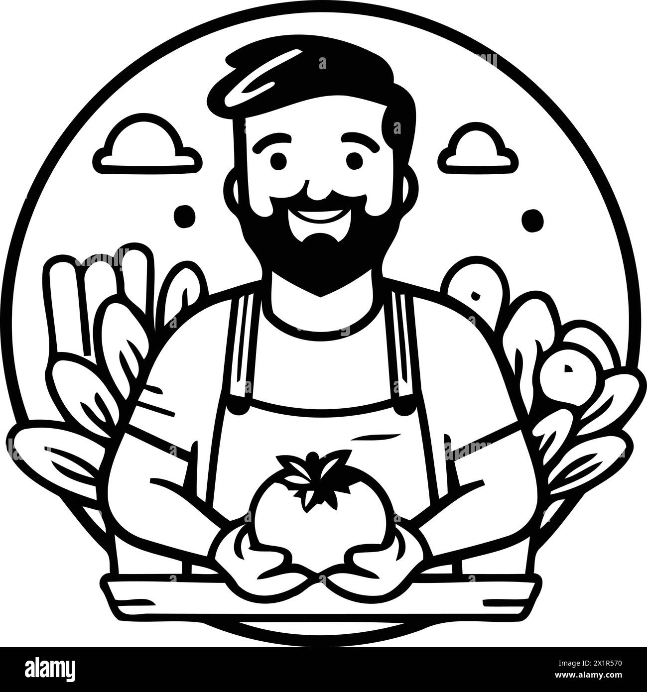 Illustrazione vettoriale di un agricoltore che tiene in mano un pomodoro. Concetto di cibo biologico. Illustrazione Vettoriale