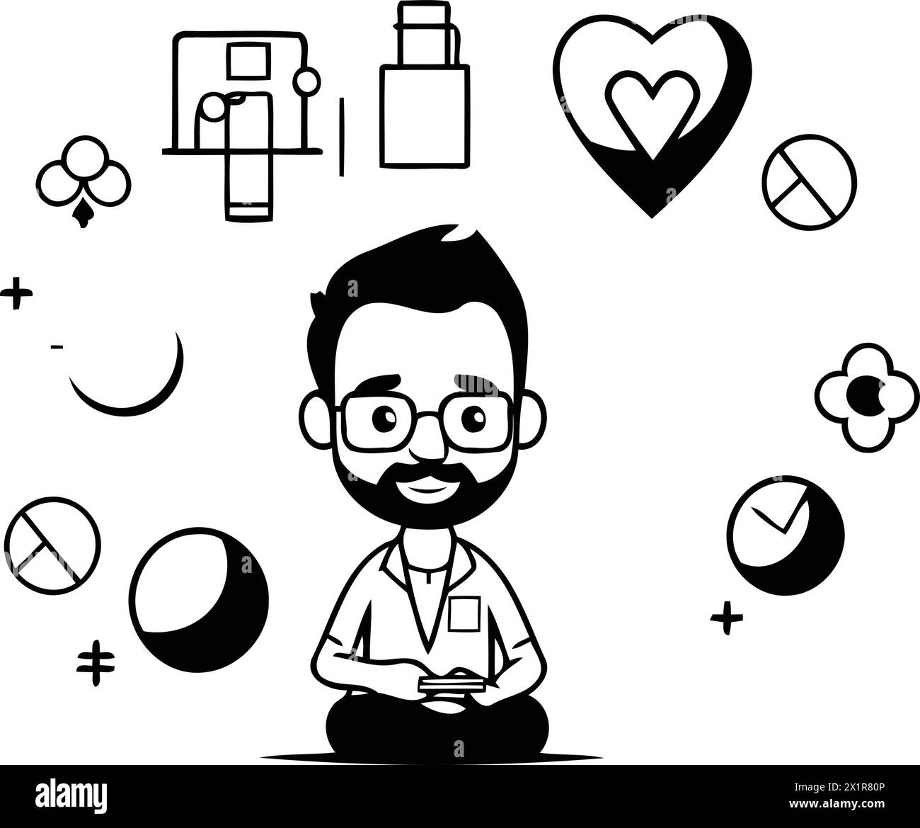 Uomo con icone relative alla salute mentale su sfondo bianco. design colorato. illustrazione vettoriale Illustrazione Vettoriale