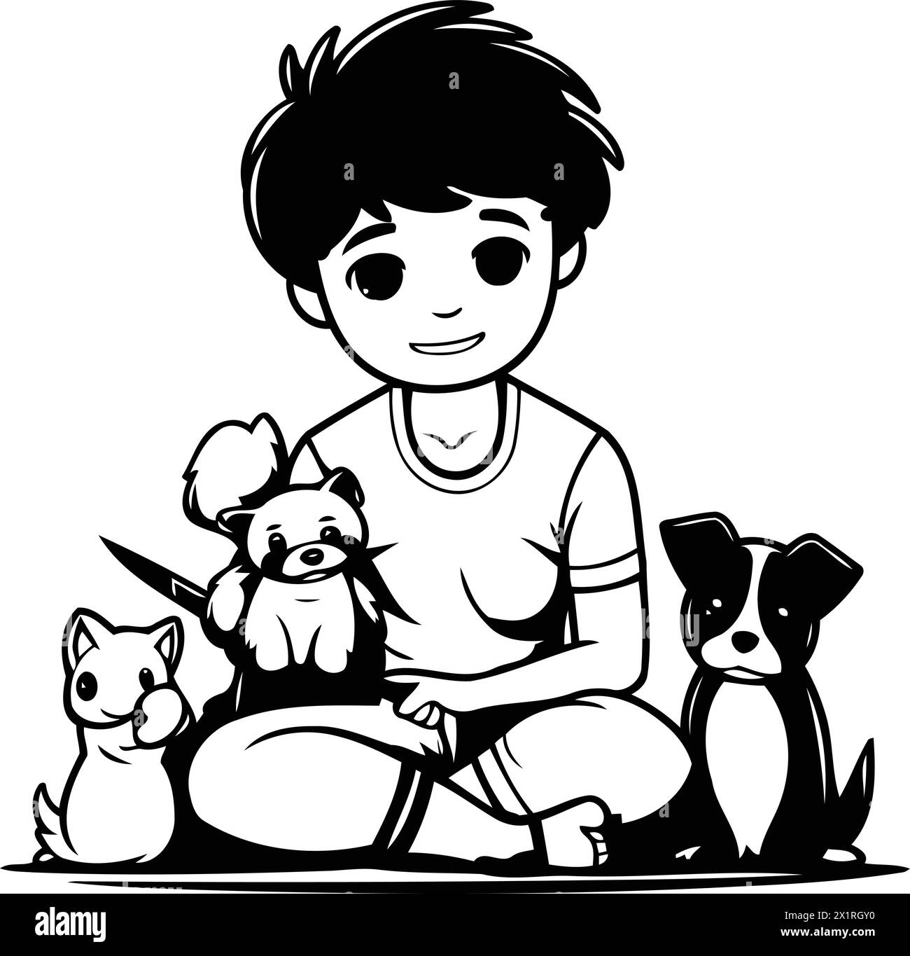 Un bambino carino che gioca con i suoi cani. Illustrazione di un cartone animato vettoriale. Illustrazione Vettoriale