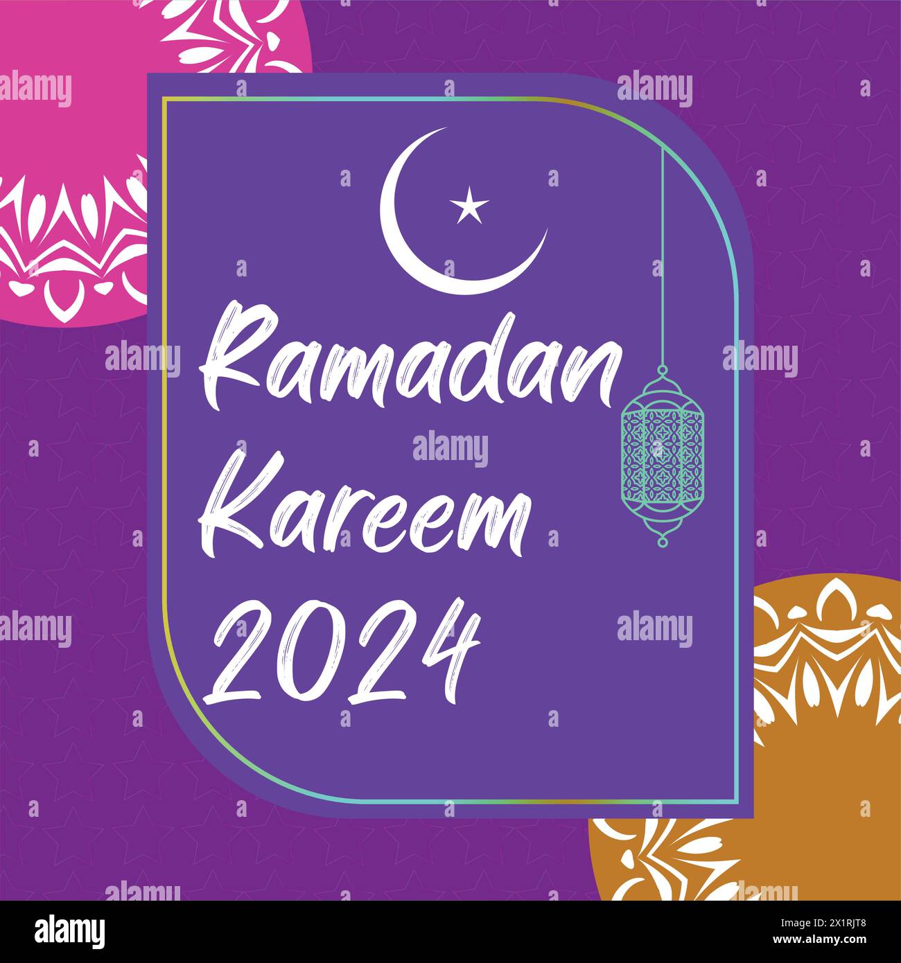 Festeggia il Ramadan 2024 con questo elegante vettore! Una radiosa luna crescente e un'intricata lanterna adornano uno sfondo blu reale, incorniciato da motivi ornati. Illustrazione Vettoriale