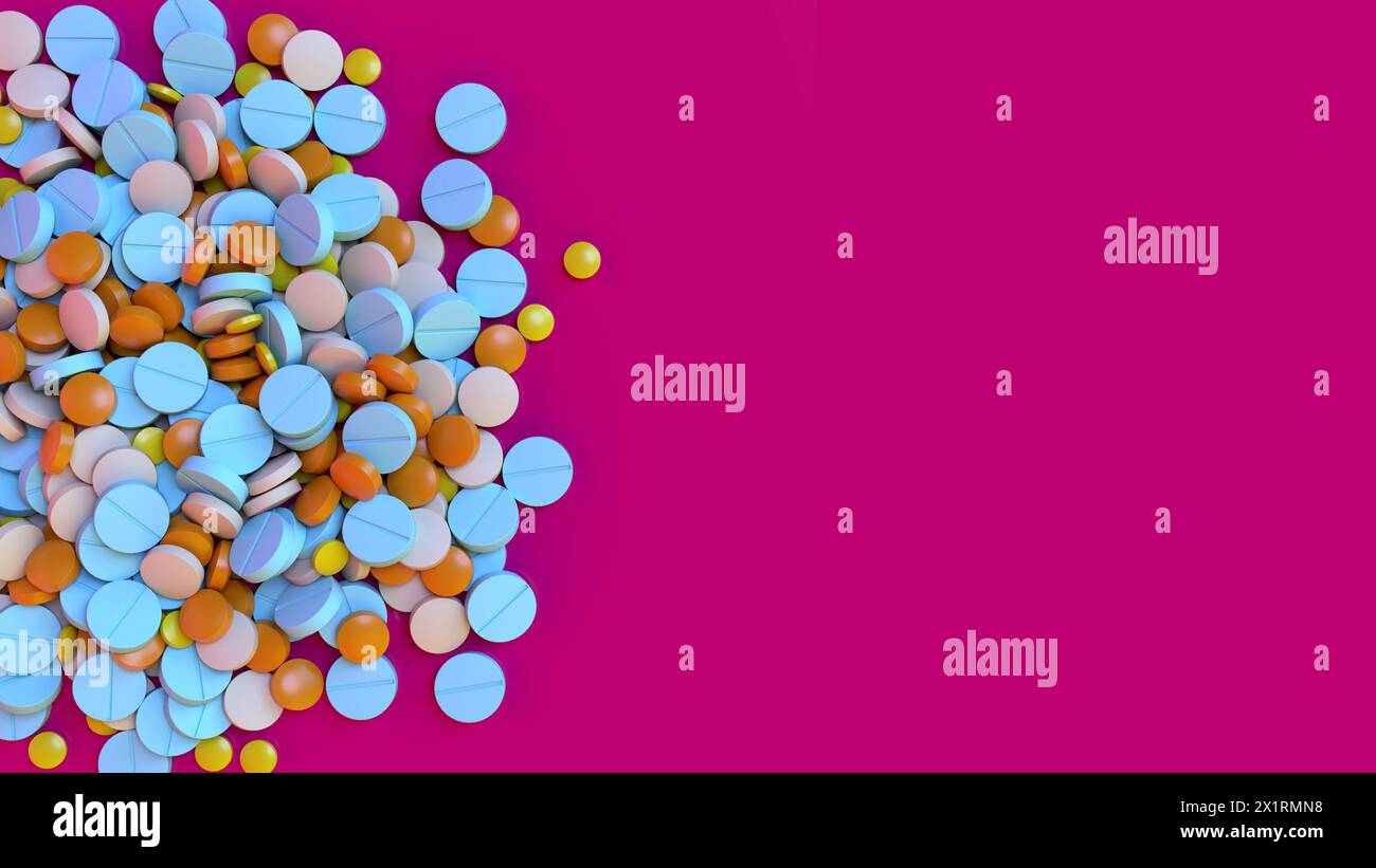 Pillole assortite sparse su sfondo colorato. Rendering 3D. Foto Stock