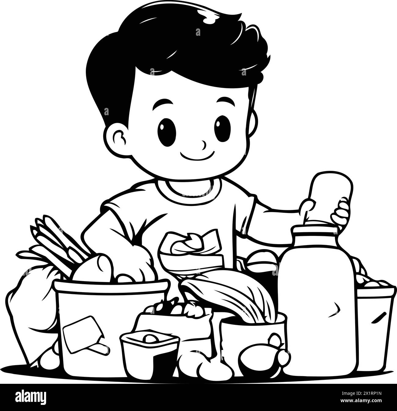 Illustrazione vettoriale di un bambino che mangia cibo sano. Stile cartoni animati. Concetto di cibo sano. Illustrazione Vettoriale
