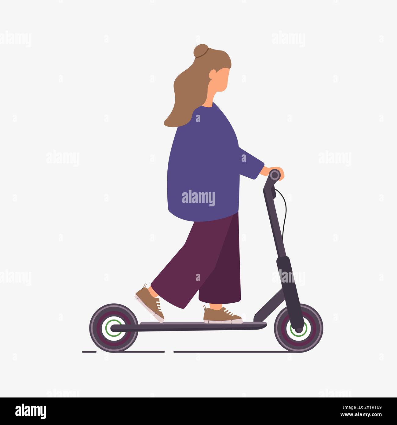 Donna che guida uno scooter elettrico. Lato. Illustrazione vettoriale piatta colorata. Isolato su sfondo bianco. Foto Stock