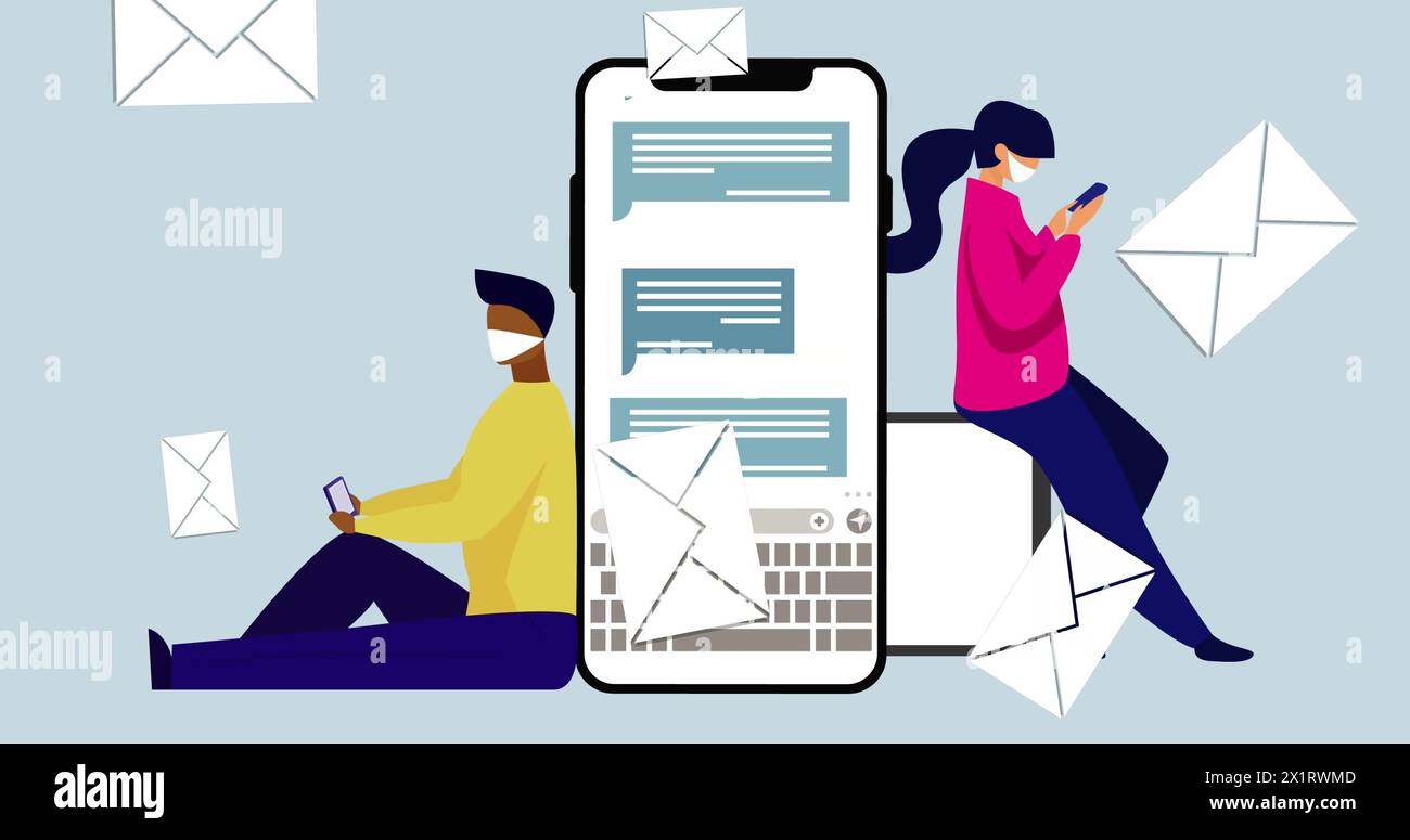 L'uomo seduto e la donna in piedi utilizzano smartphone accanto a un notebook gigante Foto Stock