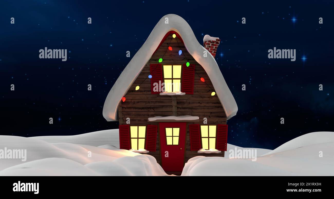Una casa accogliente con luci festose che brillano calorosamente sotto il cielo stellato Foto Stock