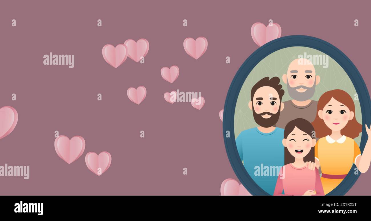 Famiglia di cinque persone sorridenti all'interno di una cornice a forma di cuore, circondata da cuori più piccoli Foto Stock