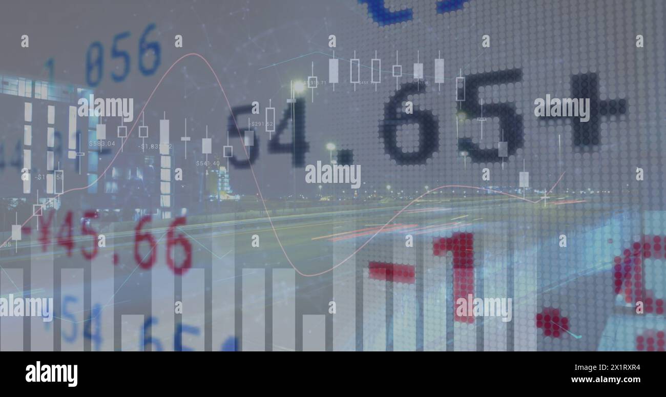 I grafici e i numeri finanziari si sovrappongono su uno sfondo sfocato del paesaggio urbano Foto Stock