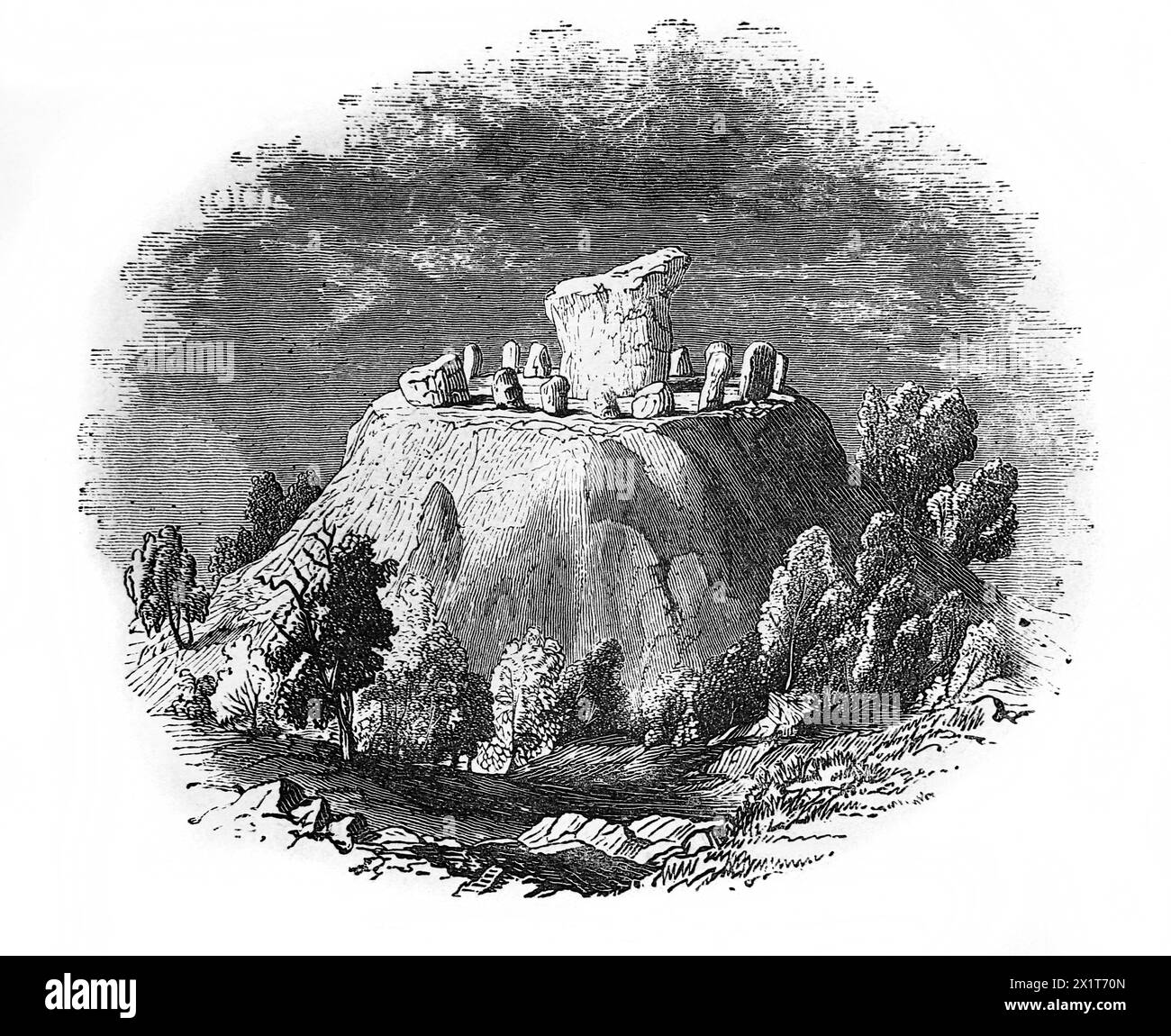 Incisione in legno di Agglestone Rock prima che cadesse sul suo lato Isola di Purbeck Dorset Inghilterra dal XIX secolo Illustrated Family Bible Foto Stock