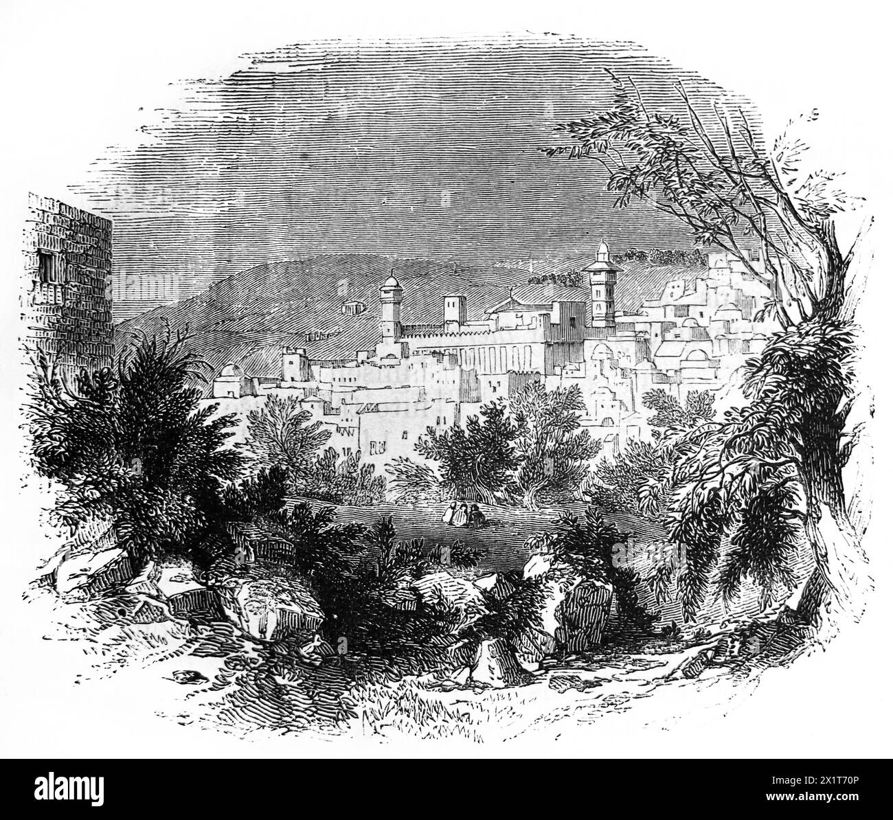 Incisione in legno della città Vecchia di Hebron con la Grotta di Machpelah dove Abramo acquistò un appezzamento di sepoltura per sua moglie Sarah. Abramo, Isacco, Rebecca Foto Stock