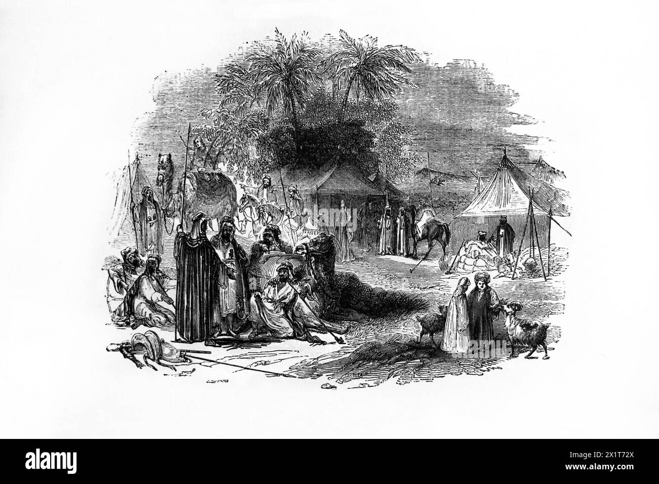 Incisione in legno di un accampamento beduino nella Bibbia di famiglia illustrata del XIX secolo Foto Stock