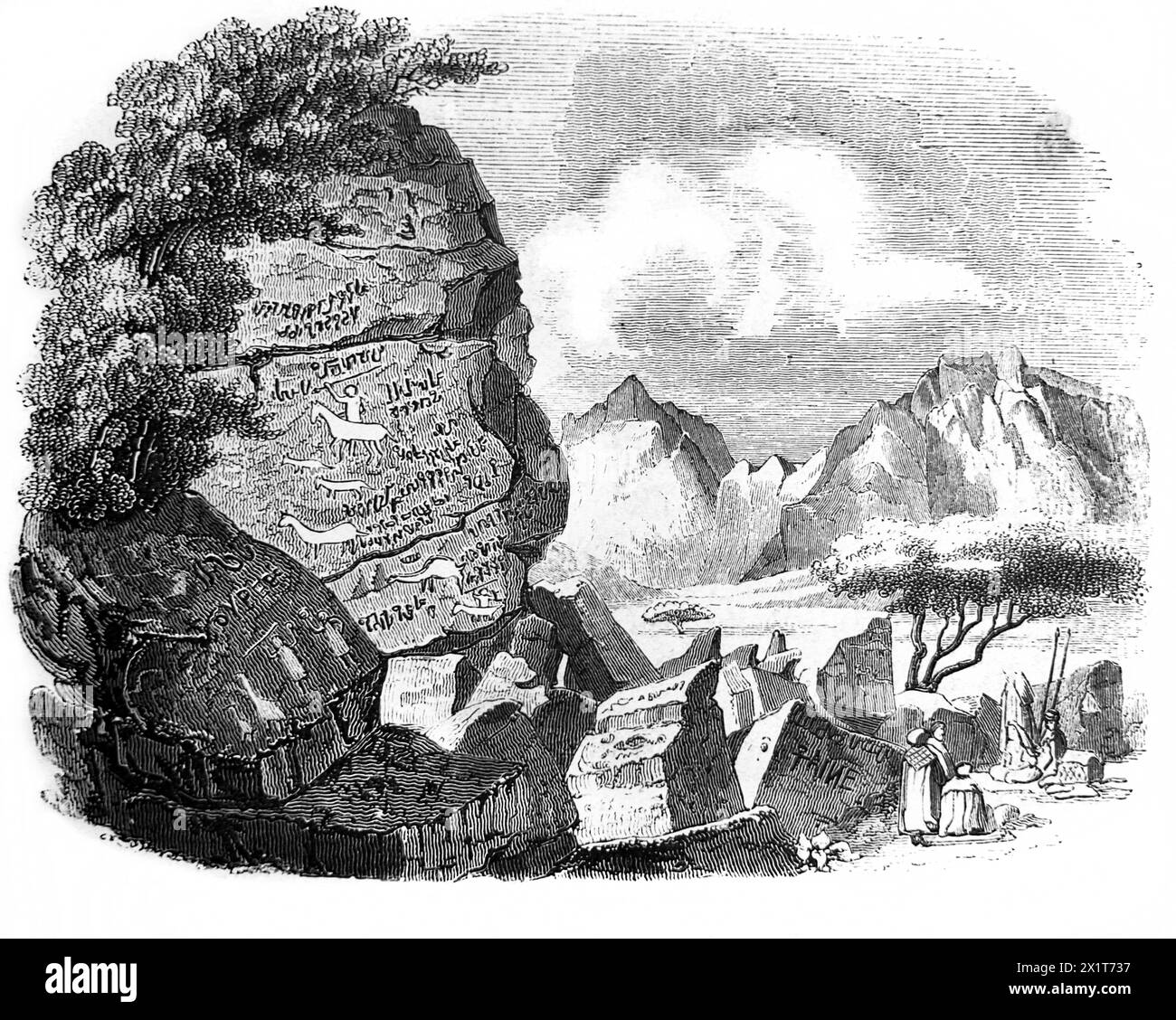 Incisione in legno di rocce incise nel Quadi Mokattah scritta con penna di ferro e piombo da Laborde nella Bibbia illustrata della famiglia del XIX secolo Foto Stock