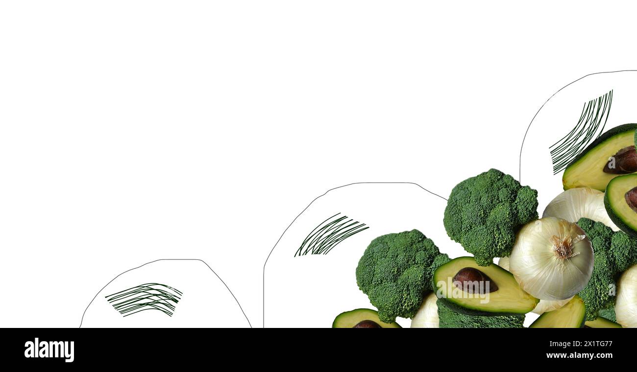 Immagine con composizione ritagliata di broccoli, cipolle leggere per insalata, metà avocado. Linee artistiche disegnate. Concetto di stile di vita sano. Manipolazione delle immagini Foto Stock