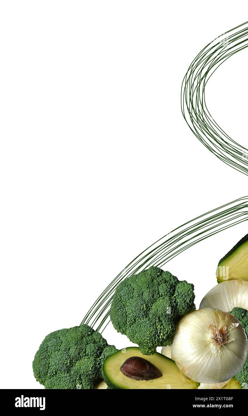Immagine con composizione ritagliata di broccoli, cipolle leggere per insalata, metà avocado. Linee artistiche disegnate. Concetto di stile di vita sano. Manipolazione delle immagini Foto Stock